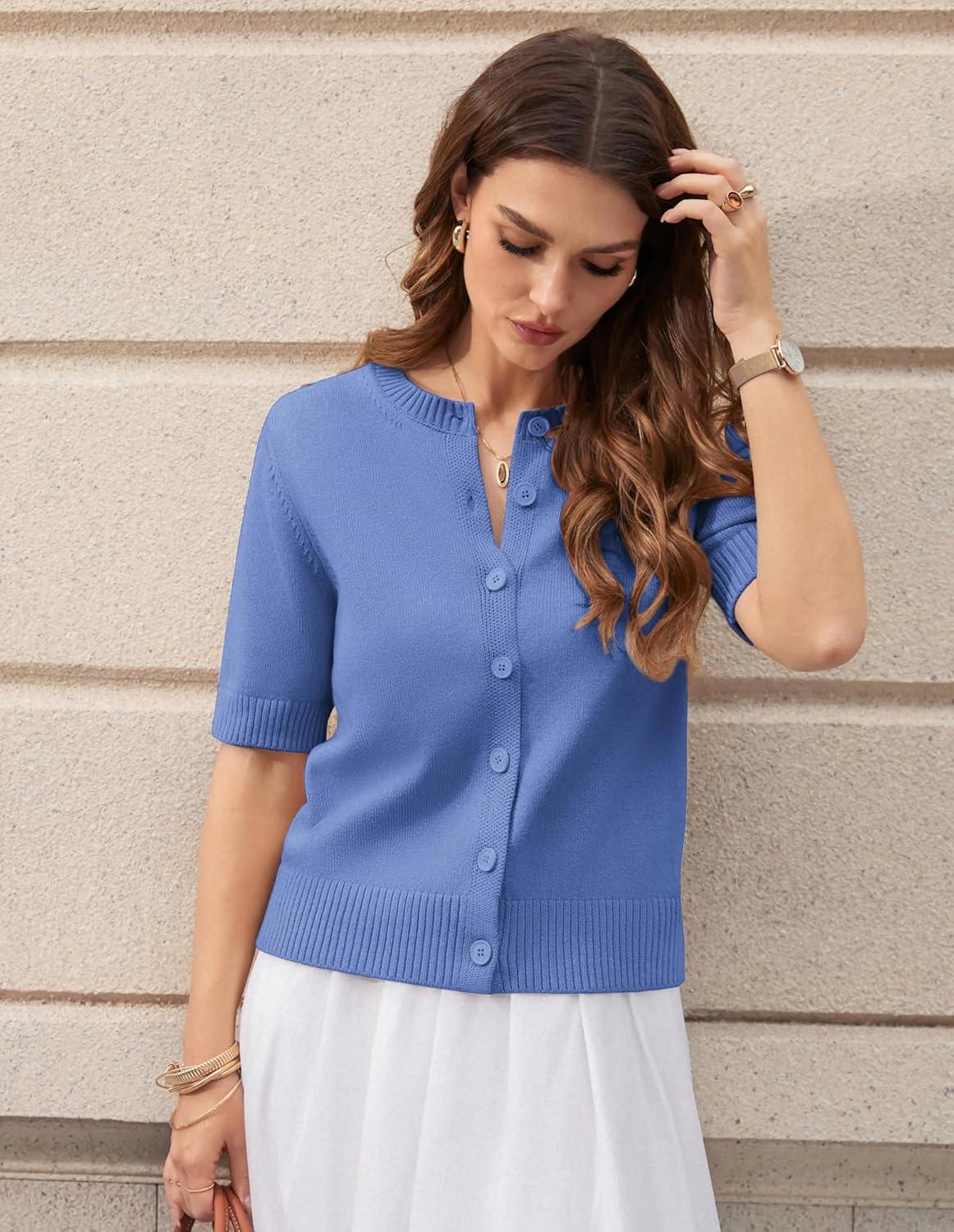 imageGRACE KARIN Womens Casual Short Sleeve Cardigan Lightweight Summer Cardigan Sweater 2026 Button Up Cropped Shrug SweaterBlue
