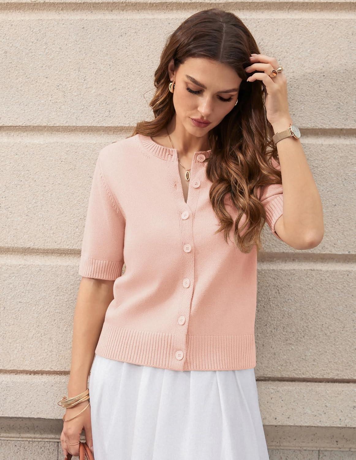 imageGRACE KARIN Womens Casual Short Sleeve Cardigan Lightweight Summer Cardigan Sweater 2026 Button Up Cropped Shrug SweaterPink
