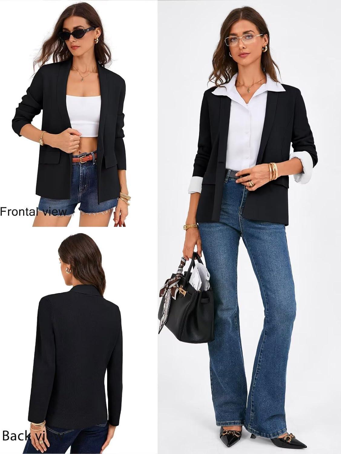 imageGRACE KARIN Womens Casual Sweater Blazer Long Sleeve Open Front Lapel Suit Jacket Lightweight Cardigan Work OfficeBlack