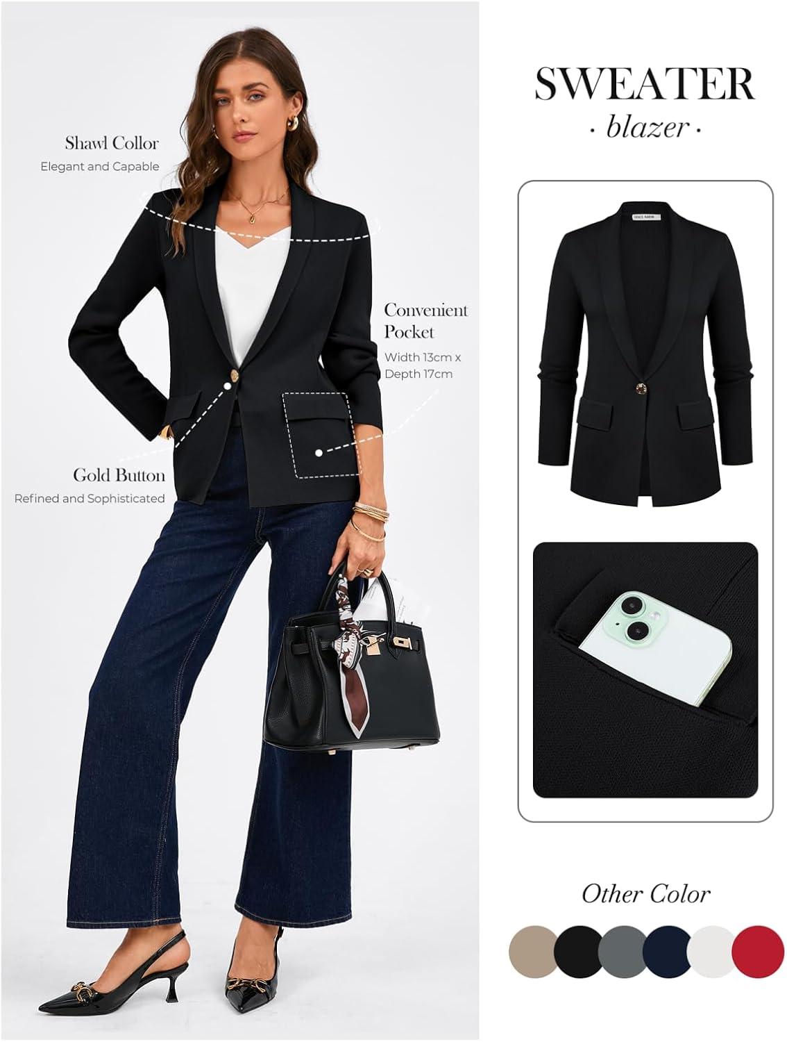 imageGRACE KARIN Womens Casual Sweater Blazer Long Sleeve Open Front Lapel Suit Jacket Lightweight Cardigan Work OfficeBlack