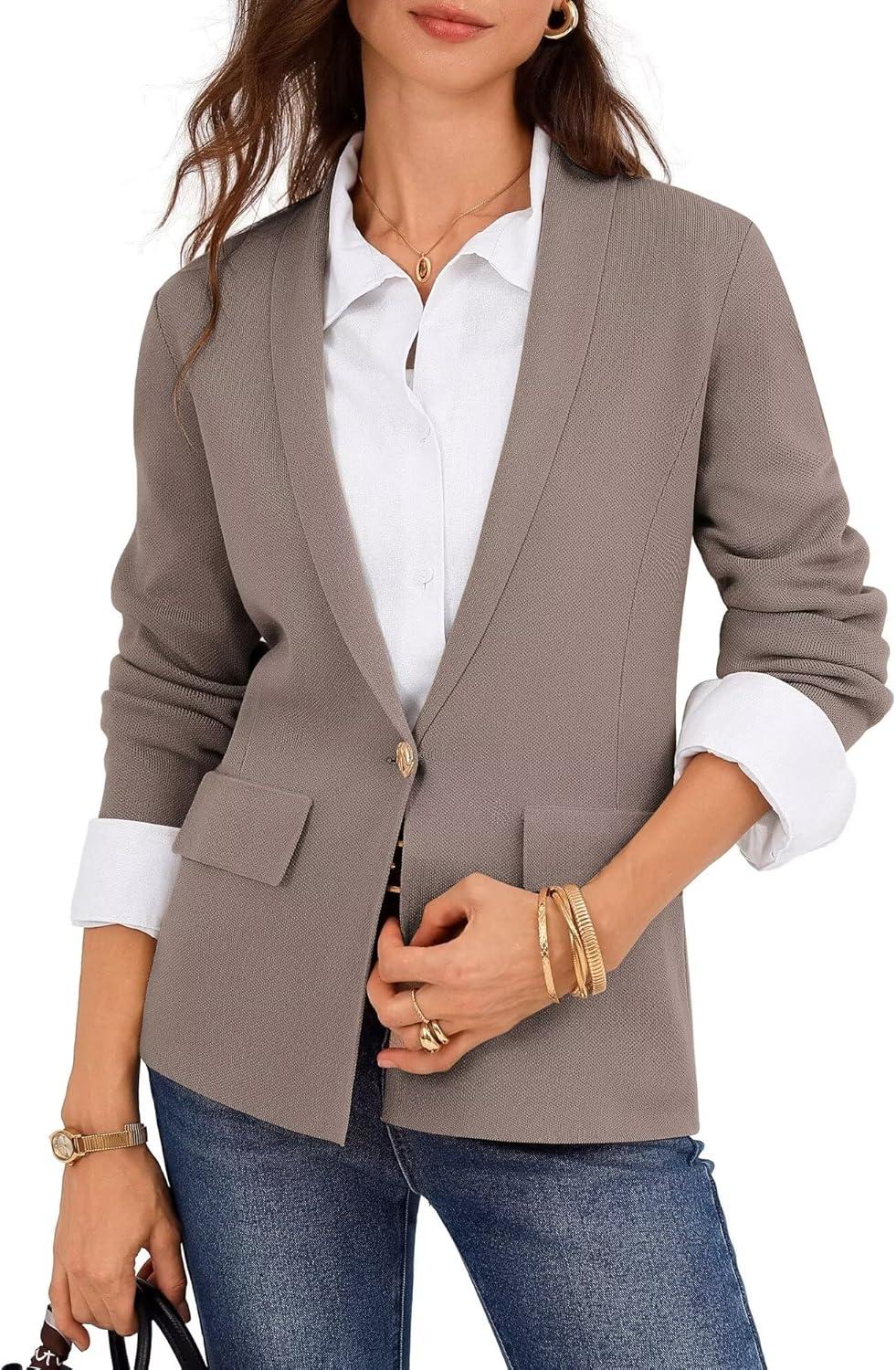 imageGRACE KARIN Womens Casual Sweater Blazer Long Sleeve Open Front Lapel Suit Jacket Lightweight Cardigan Work OfficeBrown