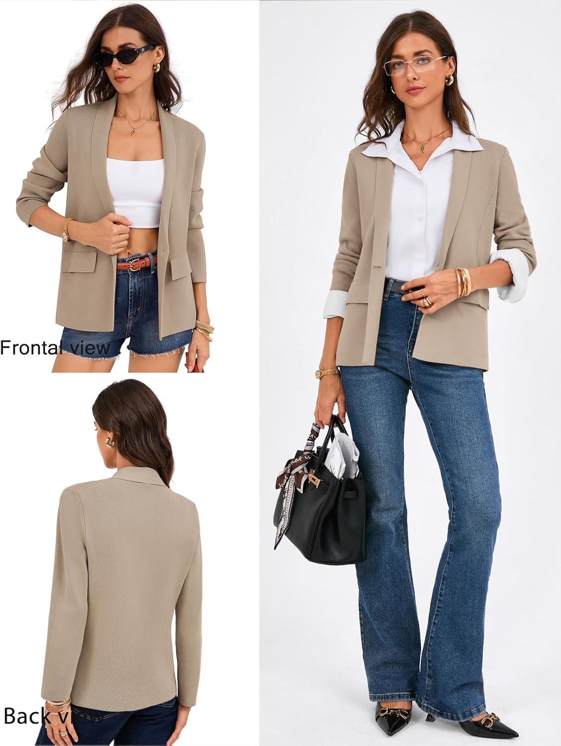 imageGRACE KARIN Womens Casual Sweater Blazer Long Sleeve Open Front Lapel Suit Jacket Lightweight Cardigan Work OfficeKhaki