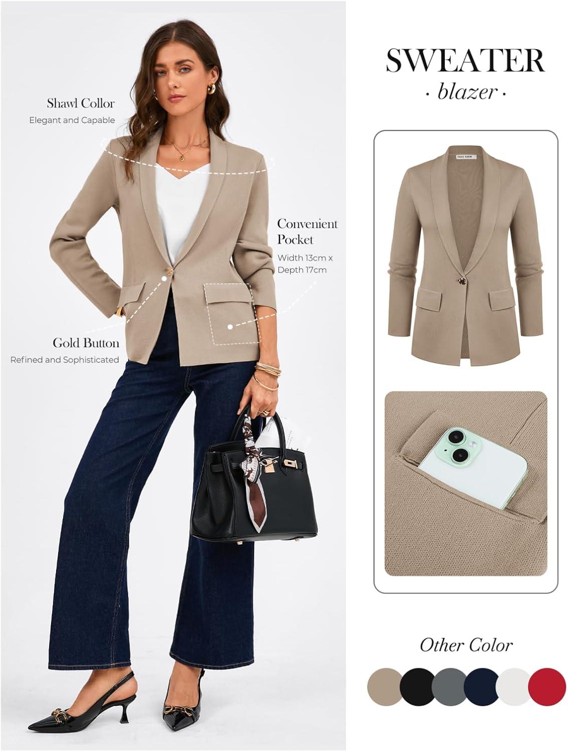imageGRACE KARIN Womens Casual Sweater Blazer Long Sleeve Open Front Lapel Suit Jacket Lightweight Cardigan Work OfficeKhaki