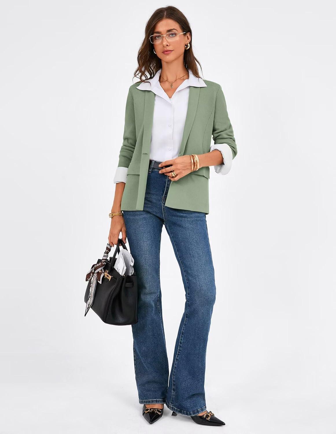 imageGRACE KARIN Womens Casual Sweater Blazer Long Sleeve Open Front Lapel Suit Jacket Lightweight Cardigan Work OfficeMuted Green
