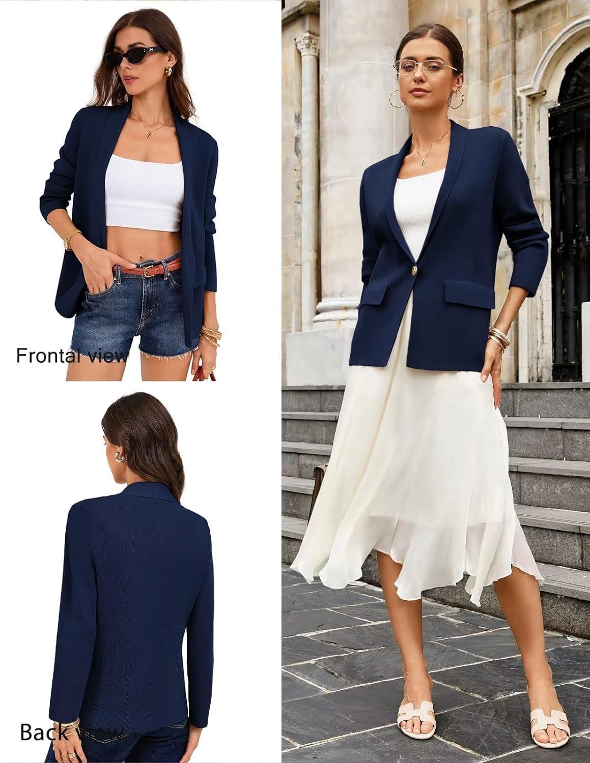 imageGRACE KARIN Womens Casual Sweater Blazer Long Sleeve Open Front Lapel Suit Jacket Lightweight Cardigan Work OfficeNavy Blue