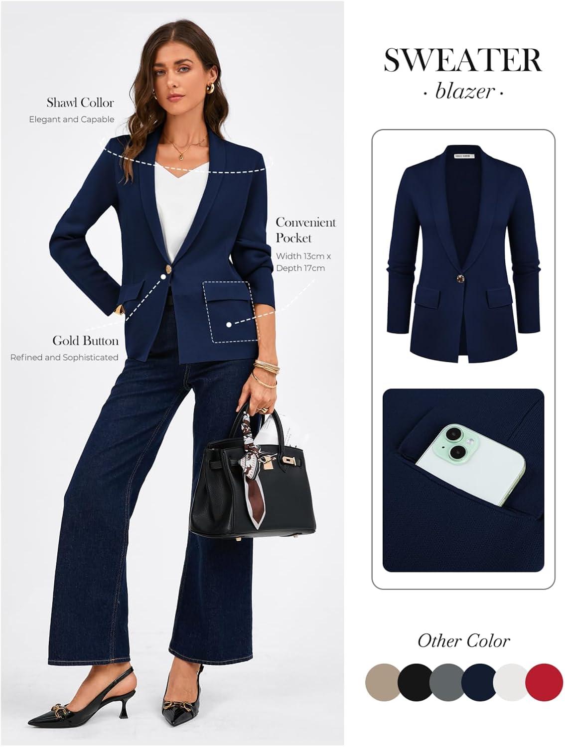 imageGRACE KARIN Womens Casual Sweater Blazer Long Sleeve Open Front Lapel Suit Jacket Lightweight Cardigan Work OfficeNavy Blue