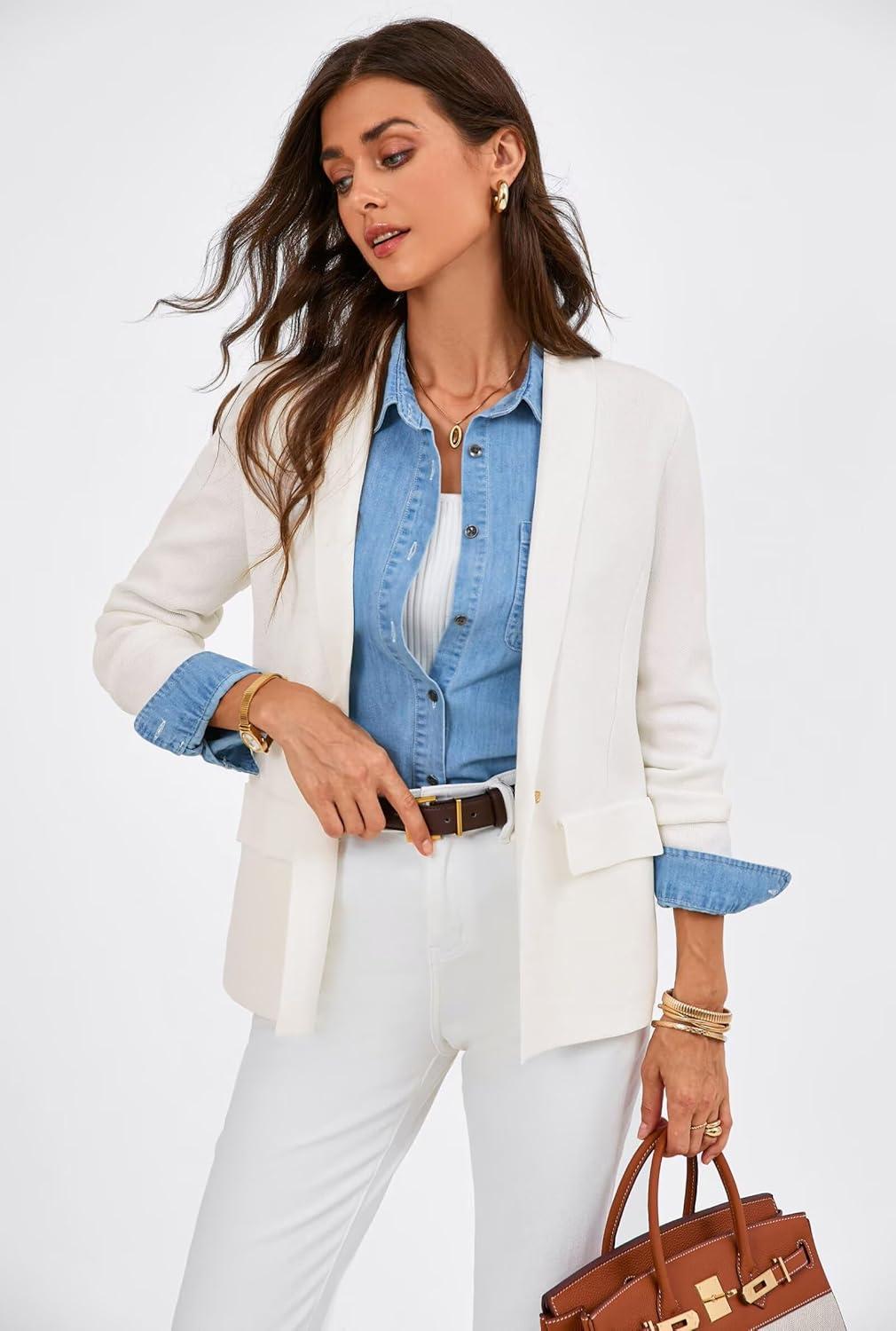 imageGRACE KARIN Womens Casual Sweater Blazer Long Sleeve Open Front Lapel Suit Jacket Lightweight Cardigan Work OfficeOffwhite