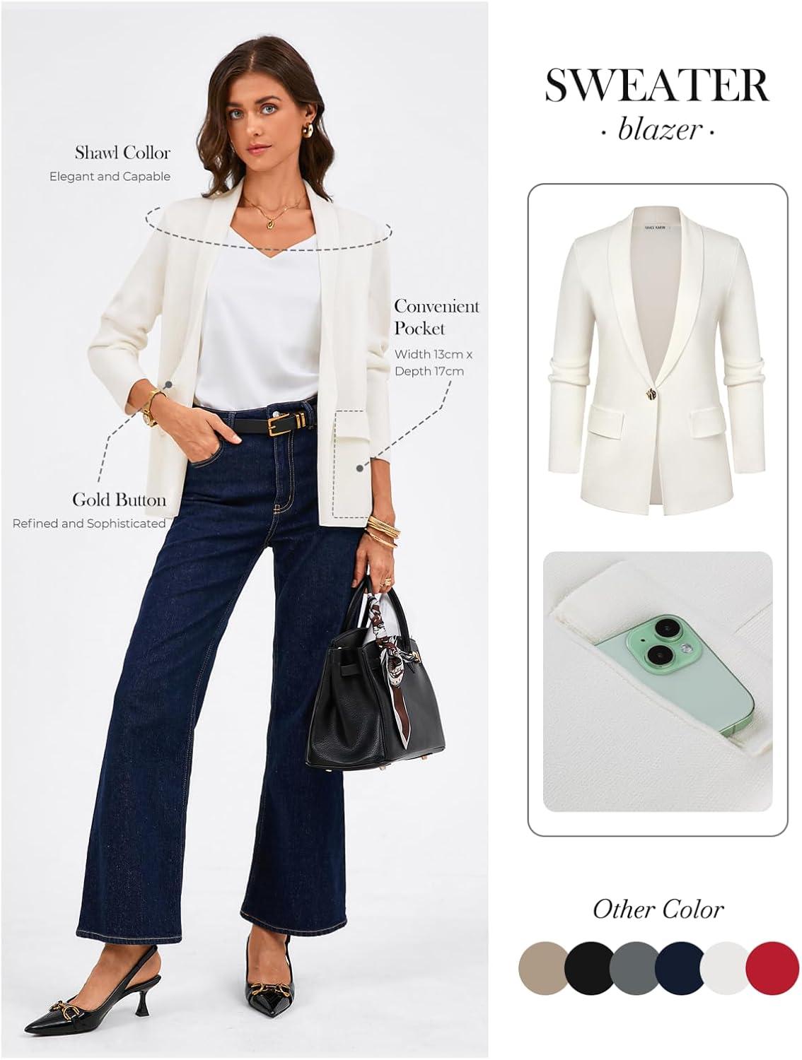 imageGRACE KARIN Womens Casual Sweater Blazer Long Sleeve Open Front Lapel Suit Jacket Lightweight Cardigan Work OfficeOffwhite
