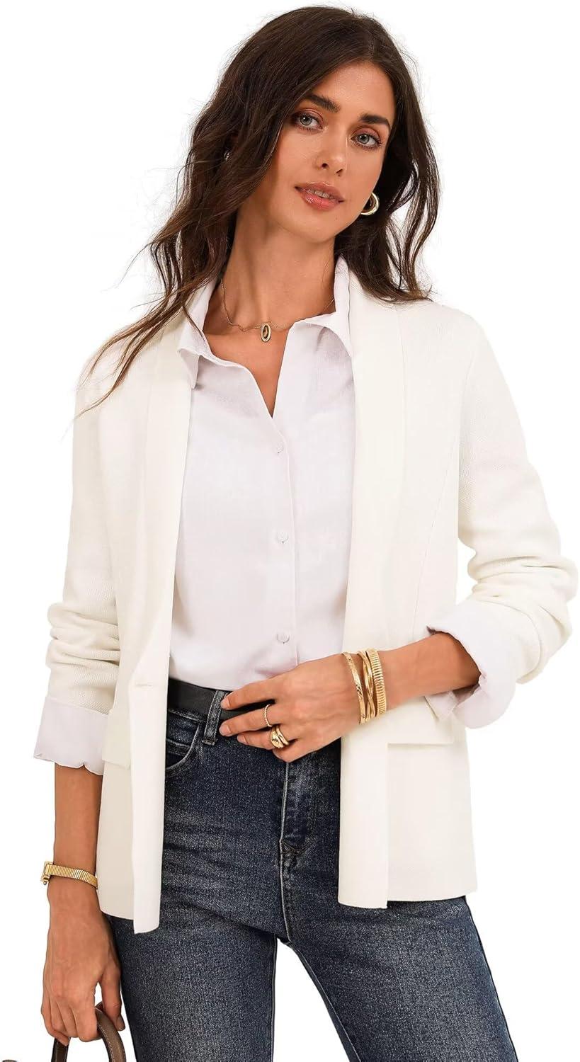 imageGRACE KARIN Womens Casual Sweater Blazer Long Sleeve Open Front Lapel Suit Jacket Lightweight Cardigan Work OfficeOffwhite