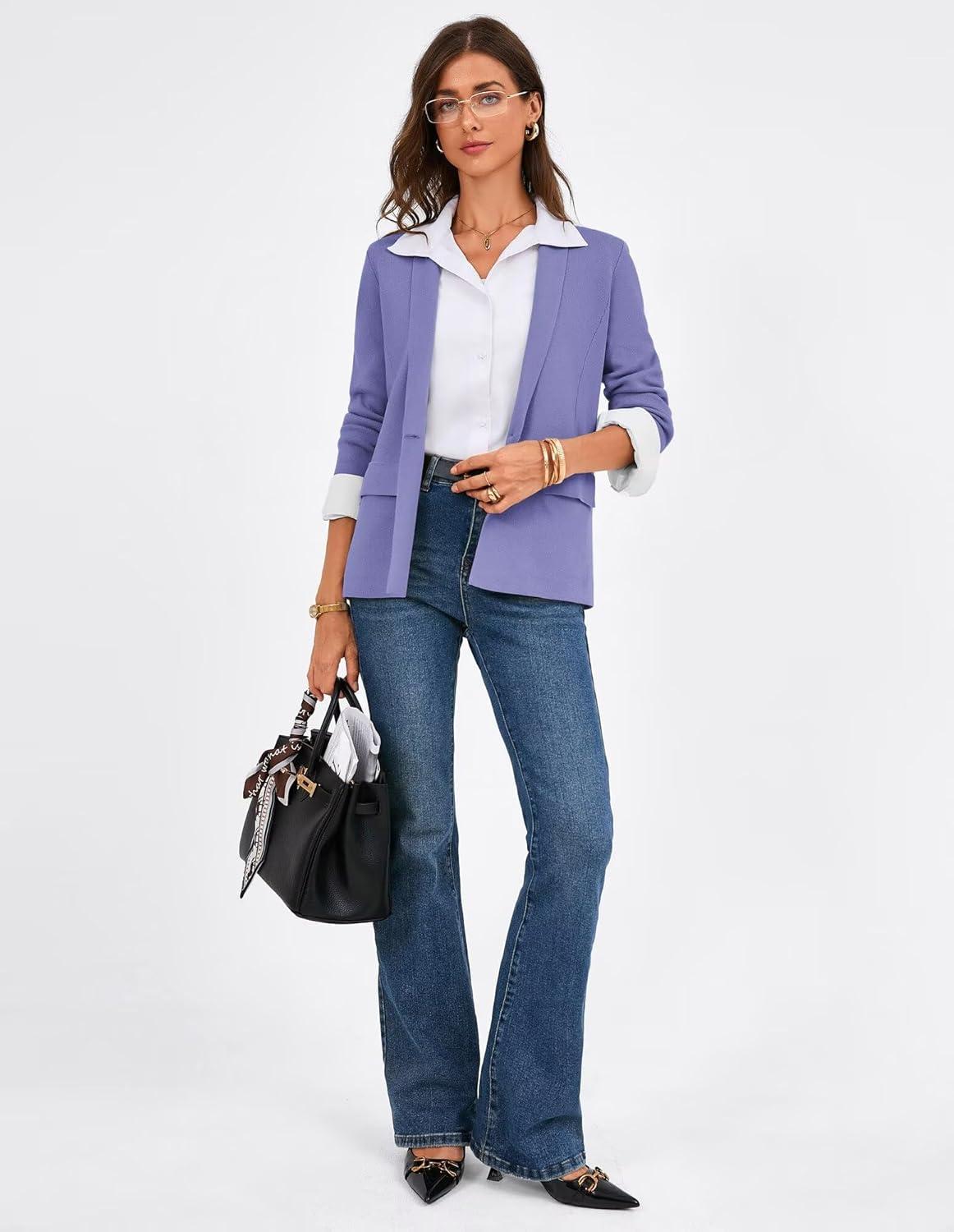 imageGRACE KARIN Womens Casual Sweater Blazer Long Sleeve Open Front Lapel Suit Jacket Lightweight Cardigan Work OfficePurple