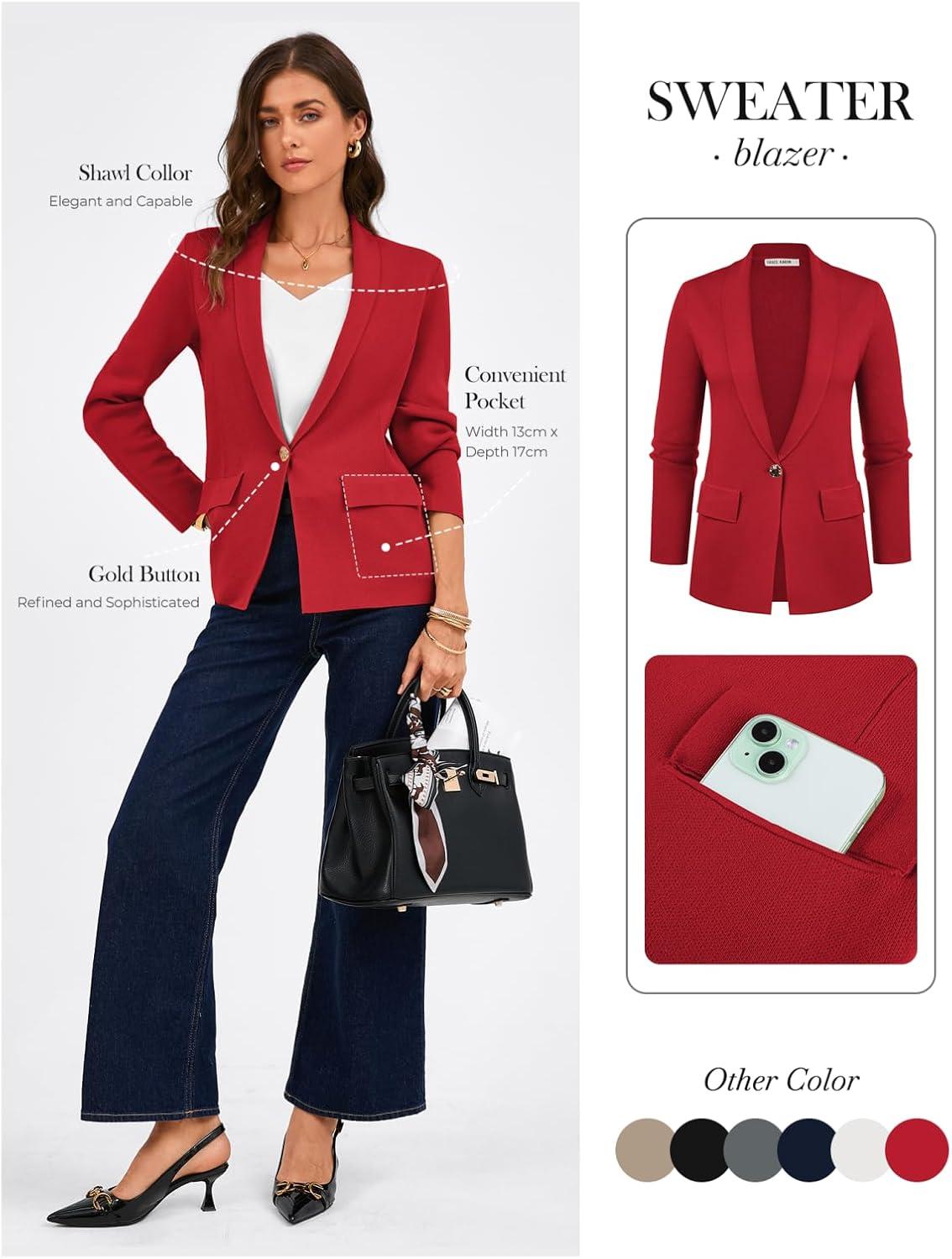 imageGRACE KARIN Womens Casual Sweater Blazer Long Sleeve Open Front Lapel Suit Jacket Lightweight Cardigan Work OfficeRed