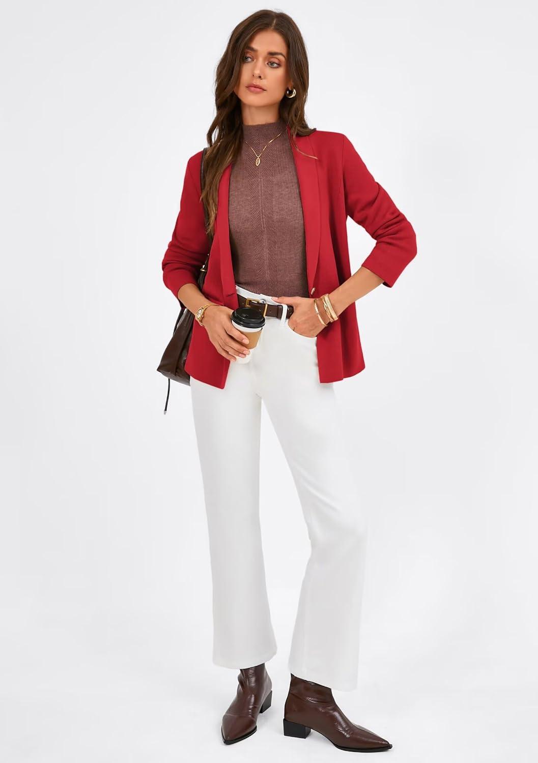 imageGRACE KARIN Womens Casual Sweater Blazer Long Sleeve Open Front Lapel Suit Jacket Lightweight Cardigan Work OfficeRed
