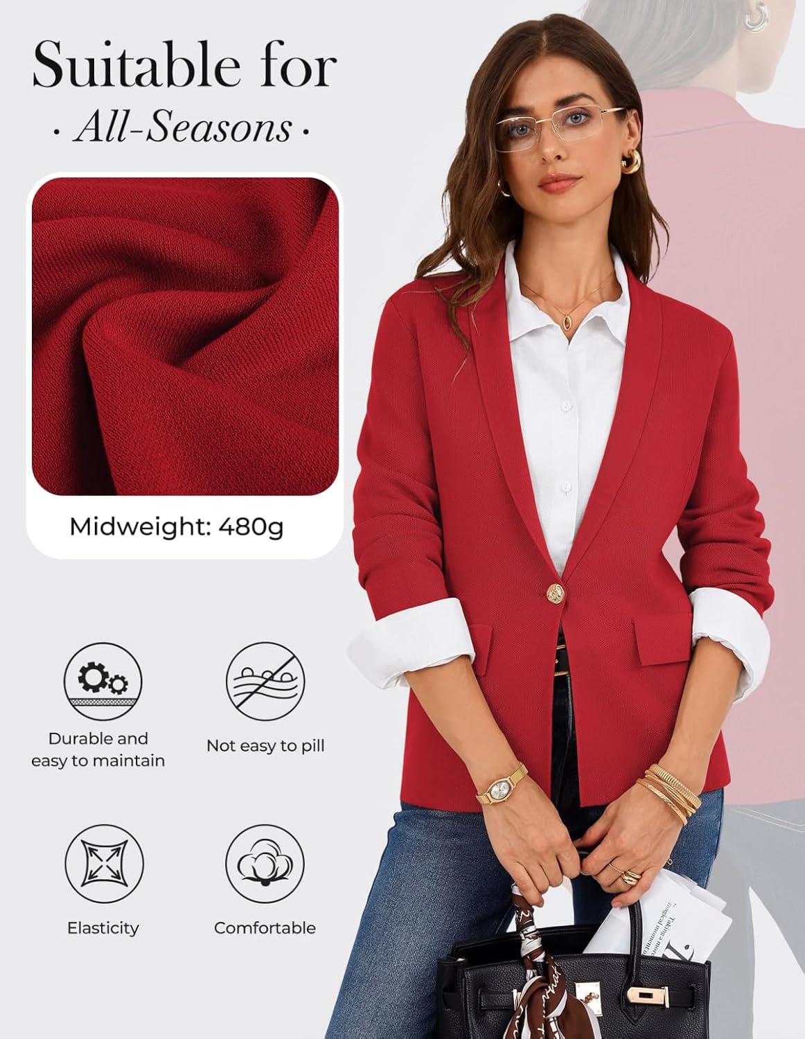 imageGRACE KARIN Womens Casual Sweater Blazer Long Sleeve Open Front Lapel Suit Jacket Lightweight Cardigan Work OfficeRed
