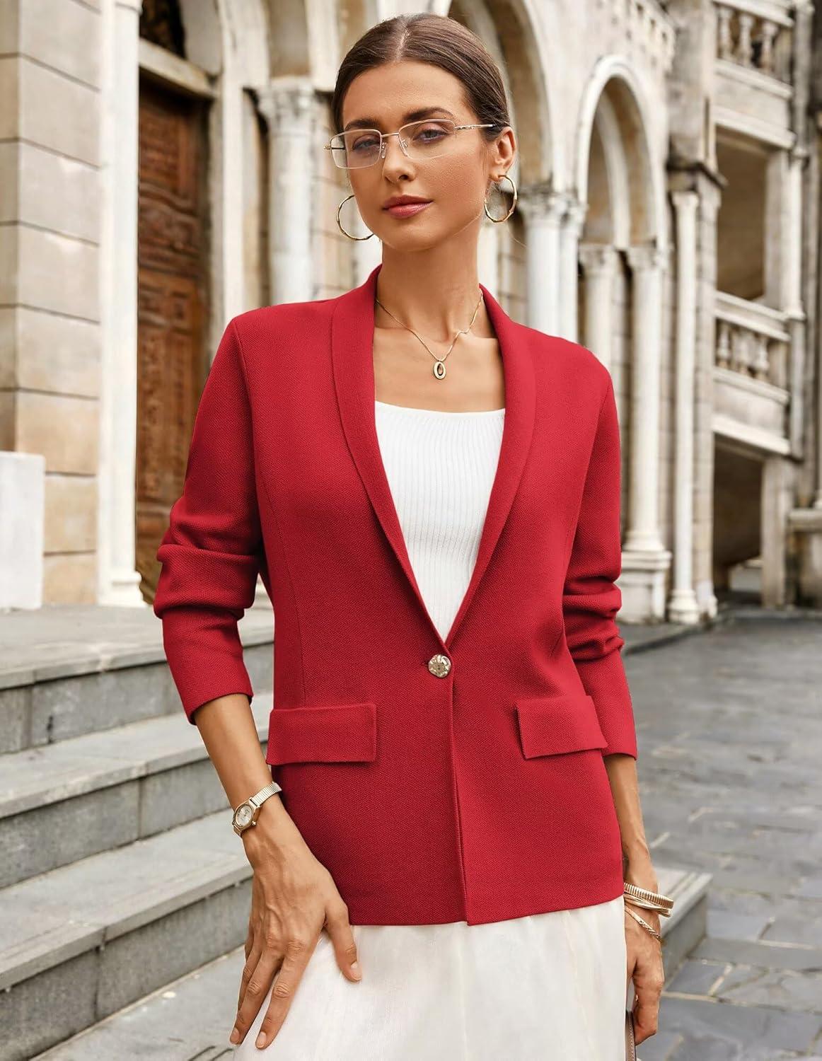 imageGRACE KARIN Womens Casual Sweater Blazer Long Sleeve Open Front Lapel Suit Jacket Lightweight Cardigan Work OfficeRed