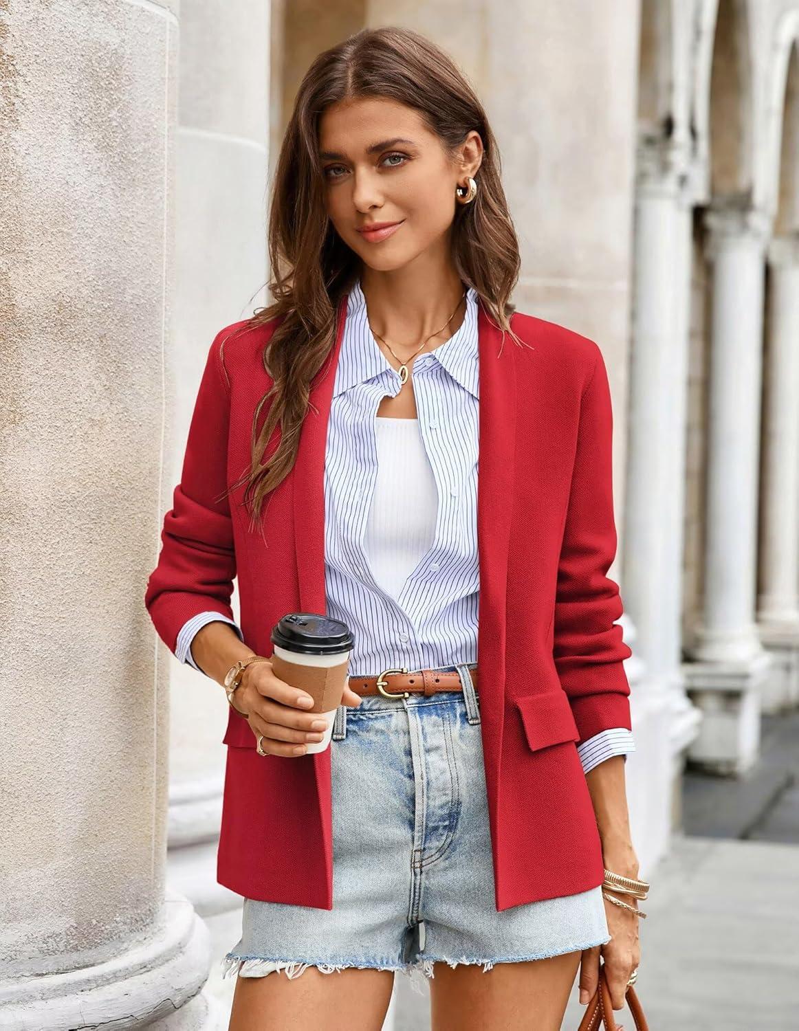 imageGRACE KARIN Womens Casual Sweater Blazer Long Sleeve Open Front Lapel Suit Jacket Lightweight Cardigan Work OfficeRed