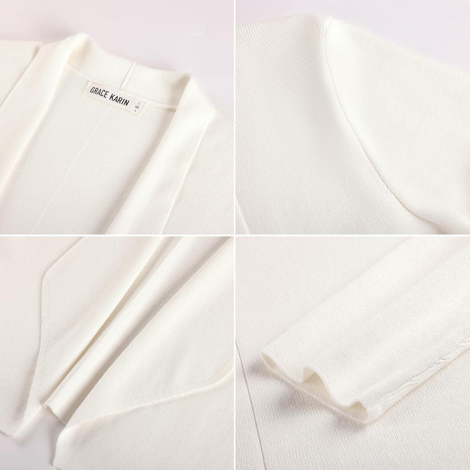 imageGRACE KARIN Womens Cropped Sweater Blazer Lightweight Cardigan Dressy Work Long Sleeve Shrug Knit Blazer Business CasualIvory White