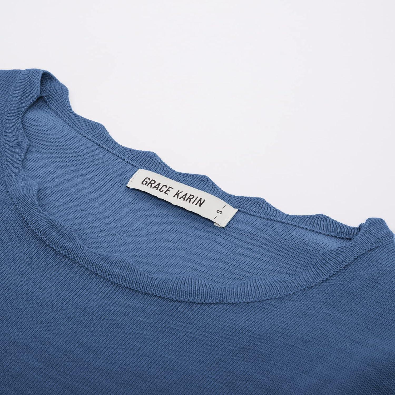 imageGRACE KARIN Womens High Stretchy Long Sleeve Pullover Sweater Blouse TopBlue Gray