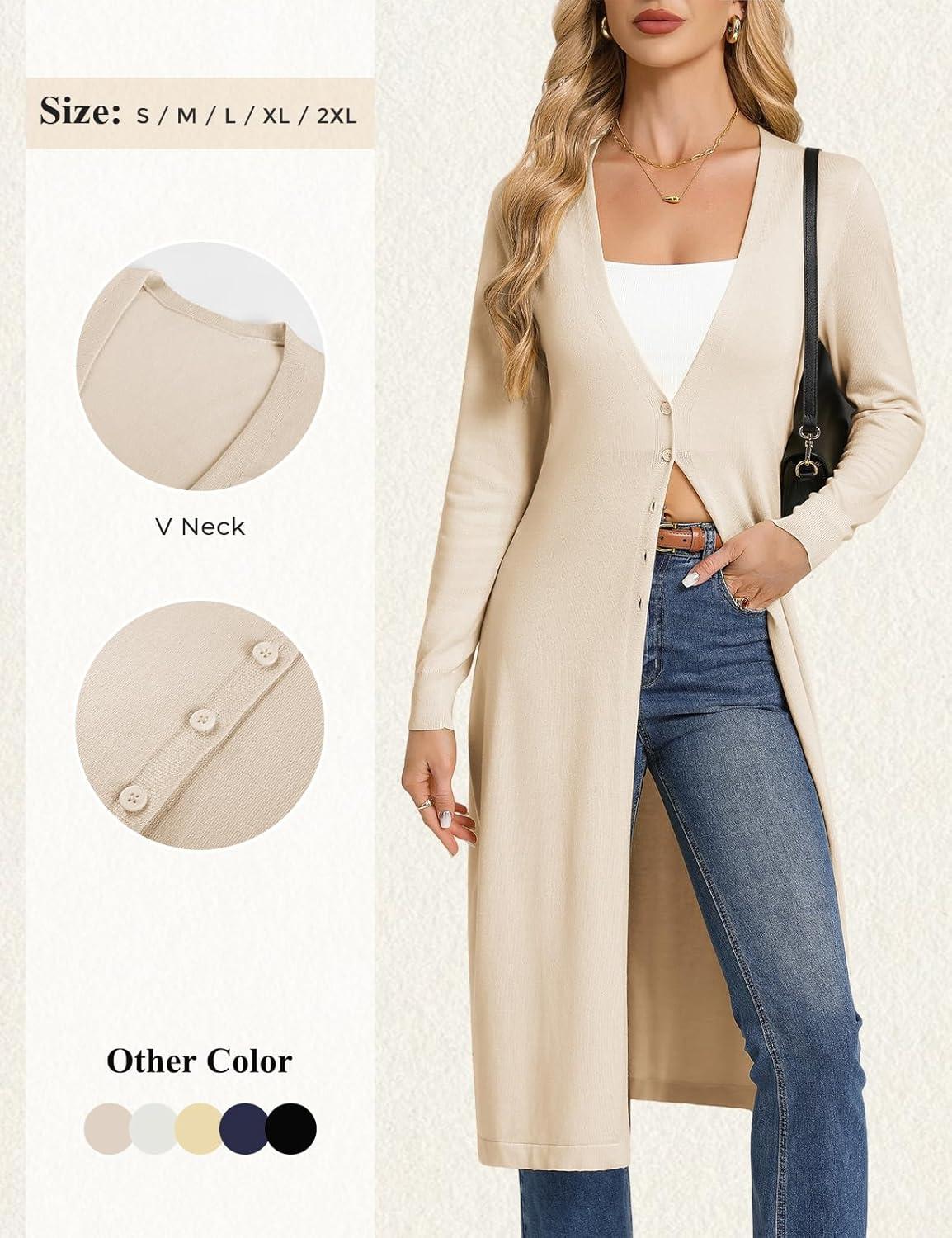 imageGRACE KARIN Womens Long Cardigan Trendy Lightweight Knit Dusters Coat V Neck Button Up Sweater Maxi DressBeige