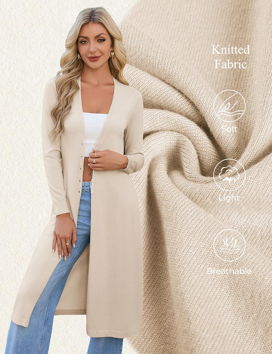 imageGRACE KARIN Womens Long Cardigan Trendy Lightweight Knit Dusters Coat V Neck Button Up Sweater Maxi DressBeige