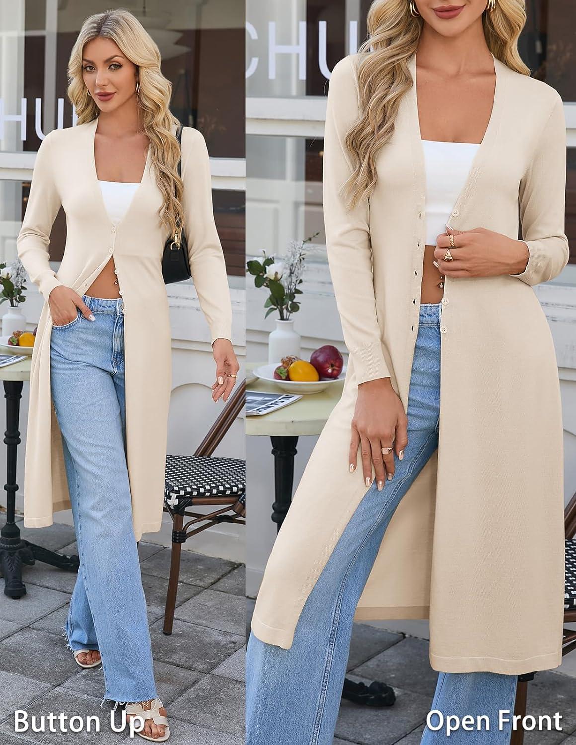 imageGRACE KARIN Womens Long Cardigan Trendy Lightweight Knit Dusters Coat V Neck Button Up Sweater Maxi DressBeige