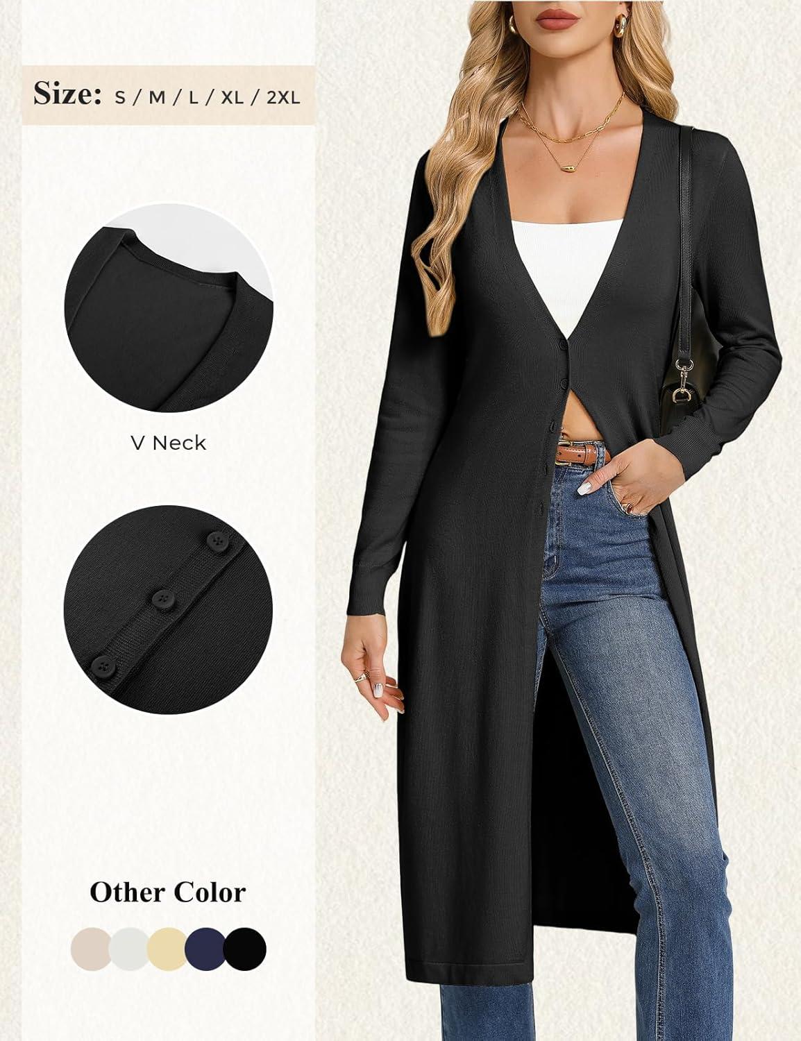 imageGRACE KARIN Womens Long Cardigan Trendy Lightweight Knit Dusters Coat V Neck Button Up Sweater Maxi DressBlack