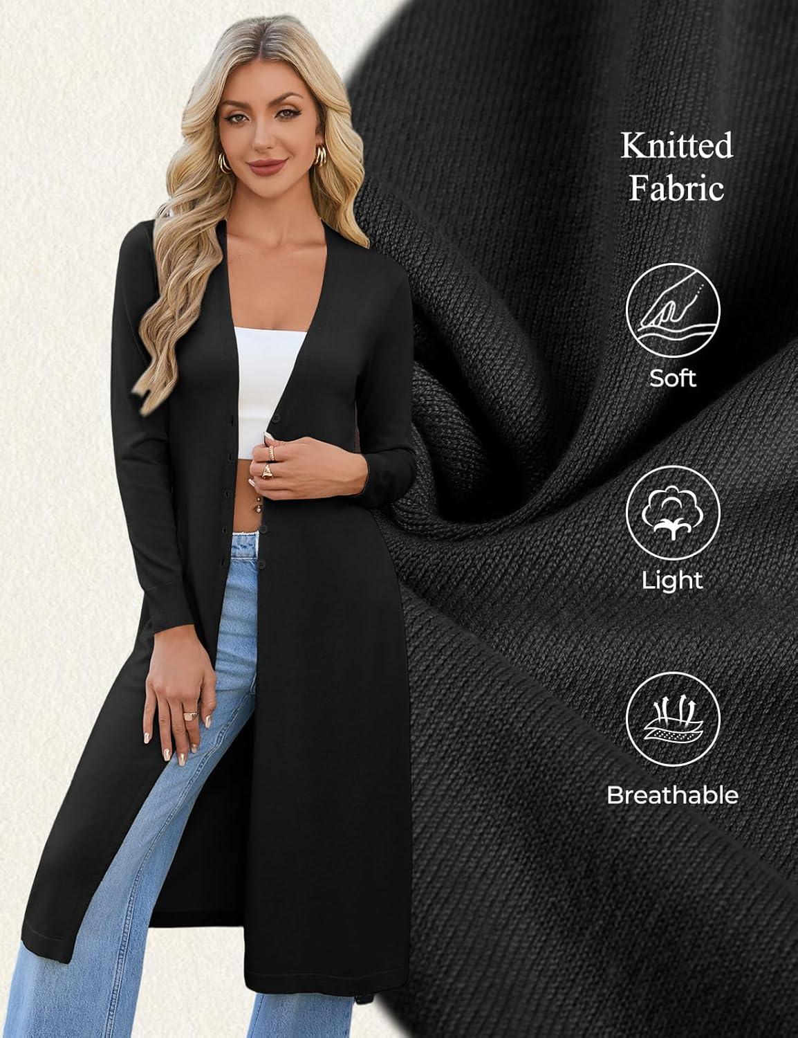imageGRACE KARIN Womens Long Cardigan Trendy Lightweight Knit Dusters Coat V Neck Button Up Sweater Maxi DressBlack