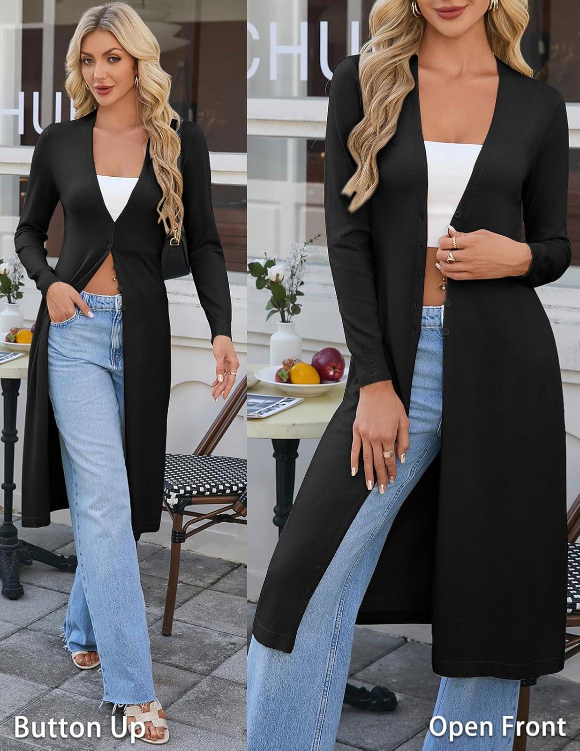 imageGRACE KARIN Womens Long Cardigan Trendy Lightweight Knit Dusters Coat V Neck Button Up Sweater Maxi DressBlack
