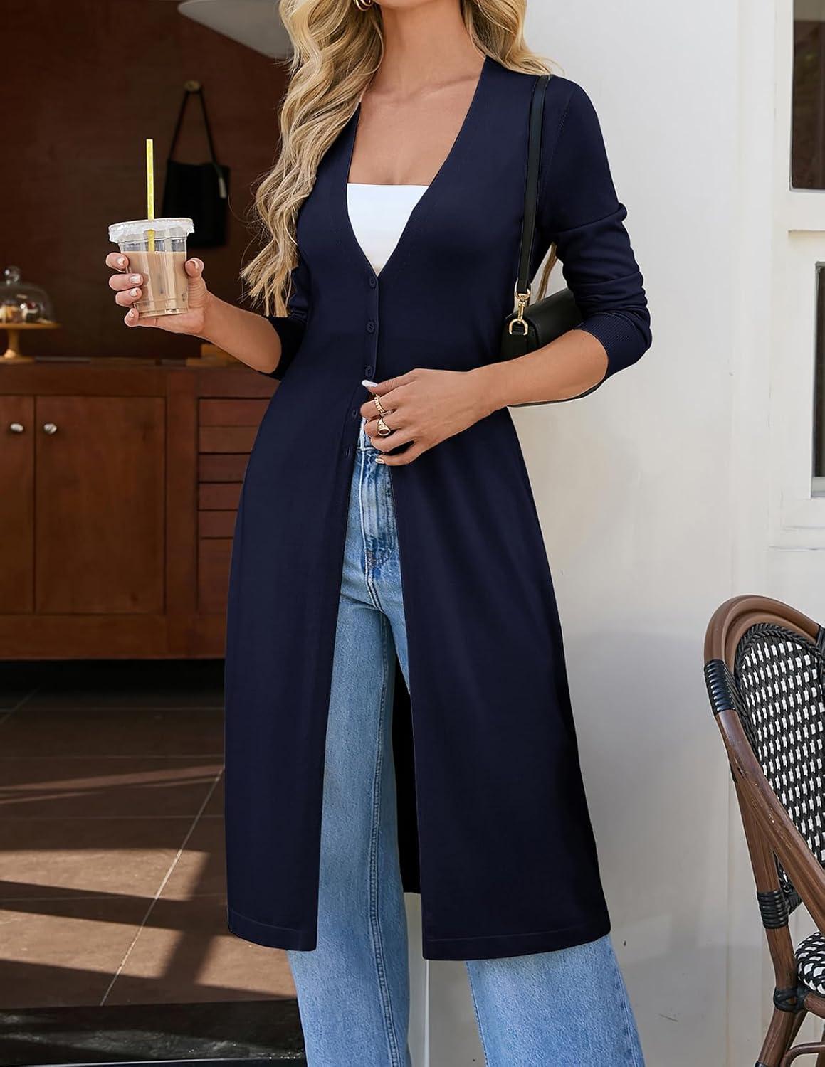 imageGRACE KARIN Womens Long Cardigan Trendy Lightweight Knit Dusters Coat V Neck Button Up Sweater Maxi DressNavy Blue