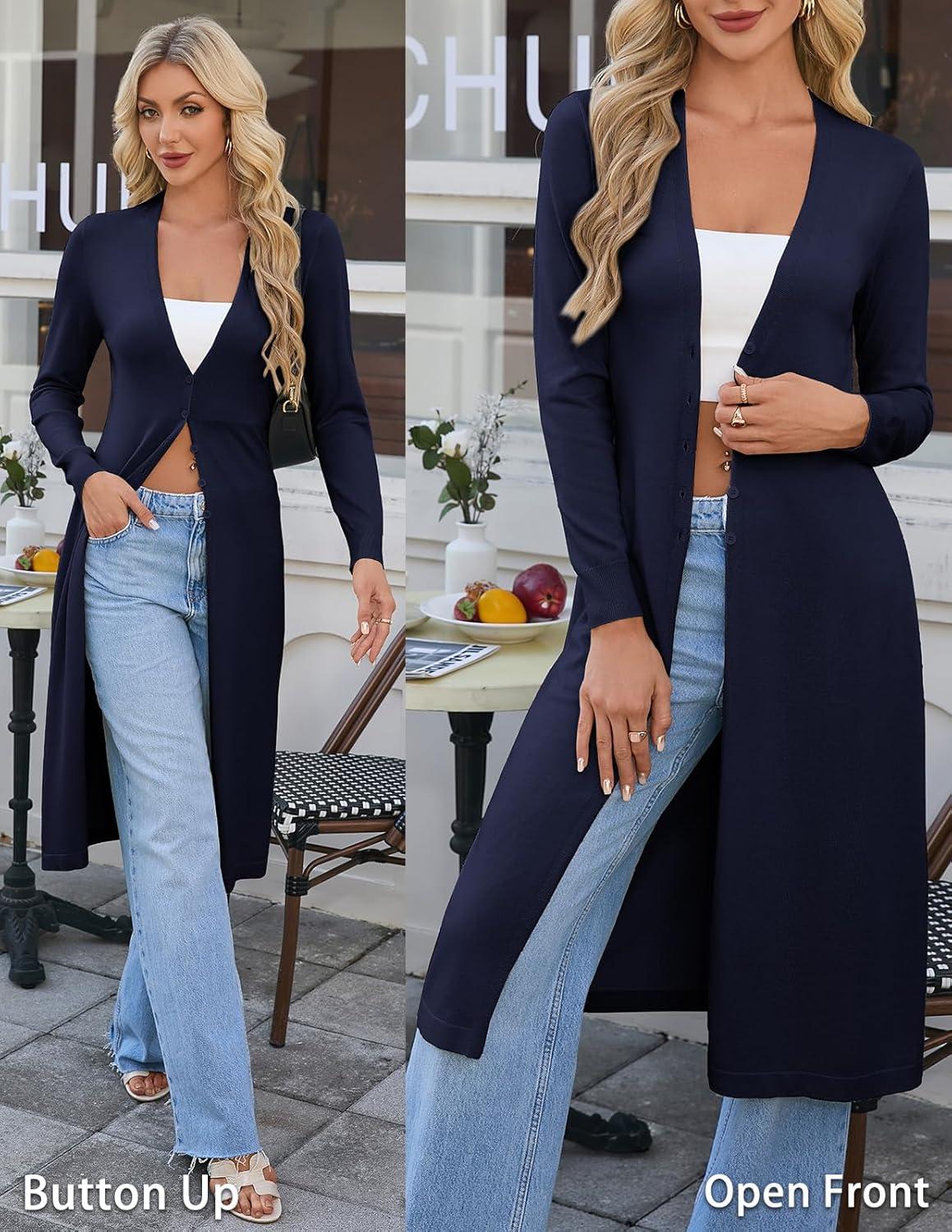 imageGRACE KARIN Womens Long Cardigan Trendy Lightweight Knit Dusters Coat V Neck Button Up Sweater Maxi DressNavy Blue