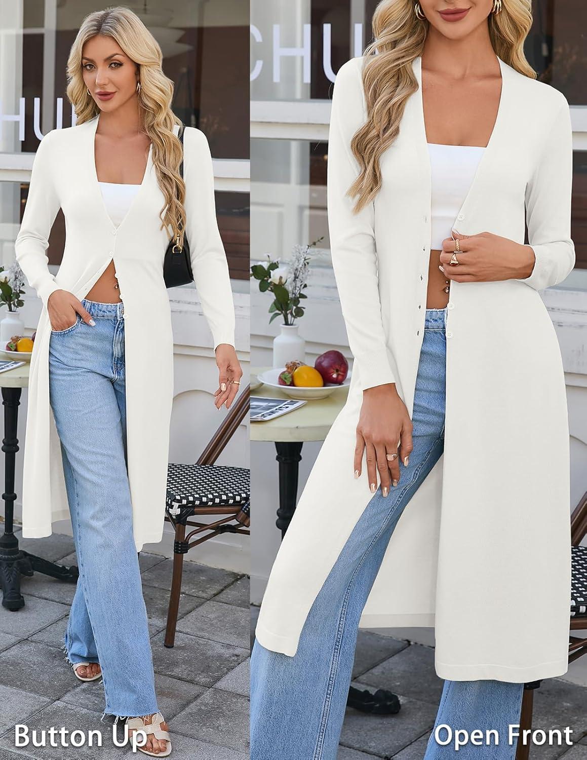 imageGRACE KARIN Womens Long Cardigan Trendy Lightweight Knit Dusters Coat V Neck Button Up Sweater Maxi DressWhite
