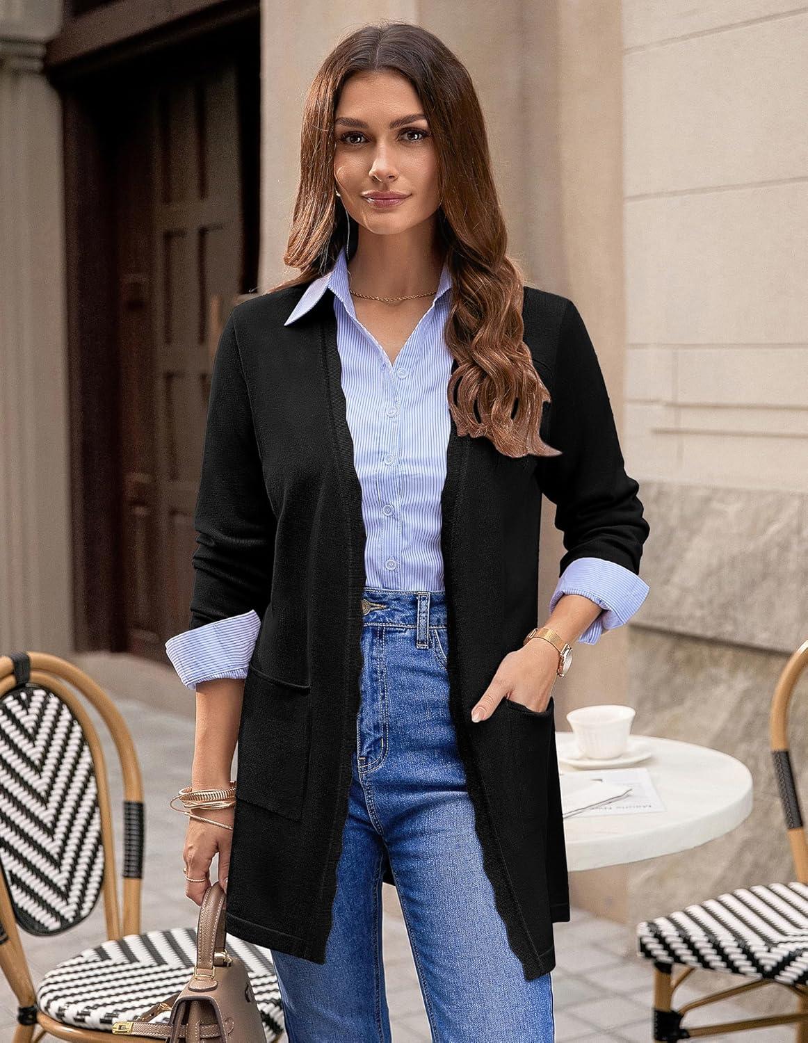 imageGRACE KARIN Womens Long Cardigans Trendy Lightweight Knit Blazer Casual Open Front Spring Sweaters with PocketsBlack