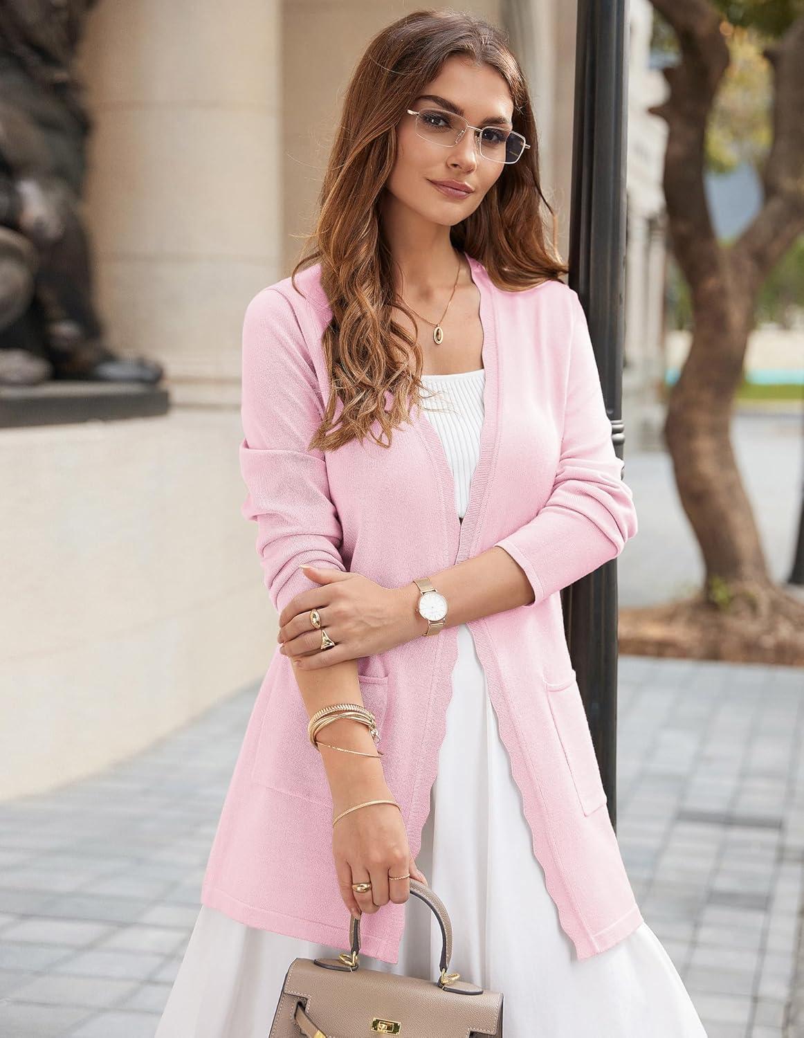 imageGRACE KARIN Womens Long Cardigans Trendy Lightweight Knit Blazer Casual Open Front Spring Sweaters with PocketsLight Pink