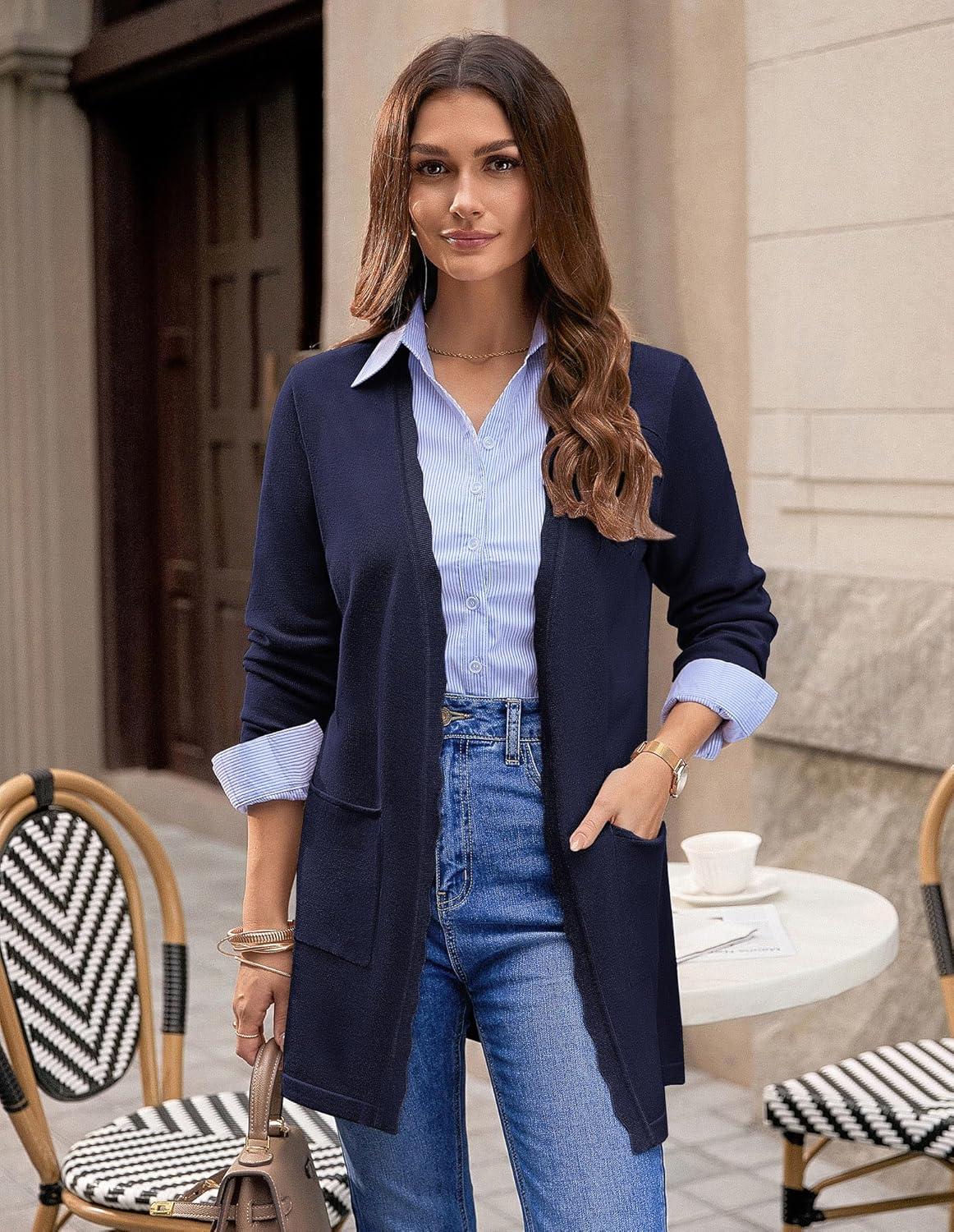imageGRACE KARIN Womens Long Cardigans Trendy Lightweight Knit Blazer Casual Open Front Spring Sweaters with PocketsNavy Blue