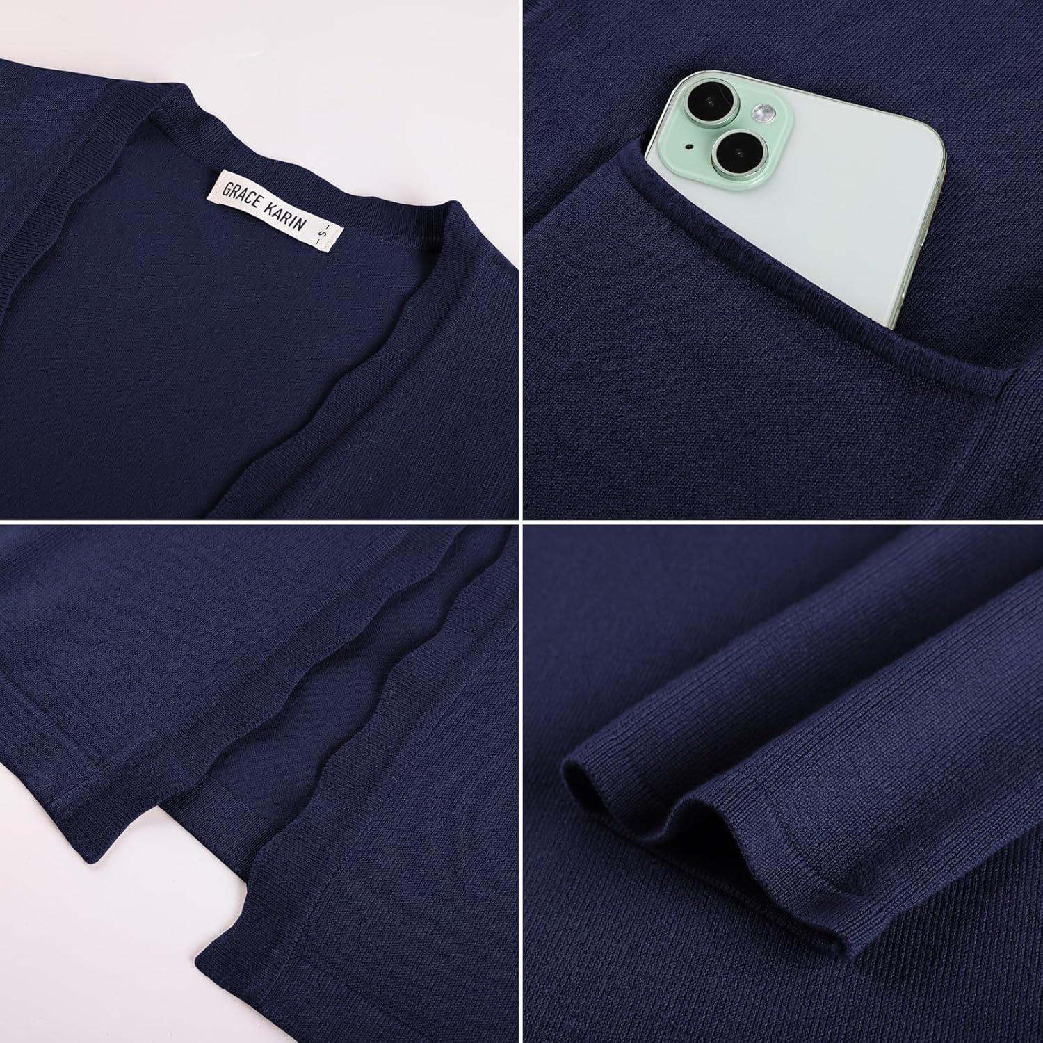 imageGRACE KARIN Womens Long Cardigans Trendy Lightweight Knit Blazer Casual Open Front Spring Sweaters with PocketsNavy Blue