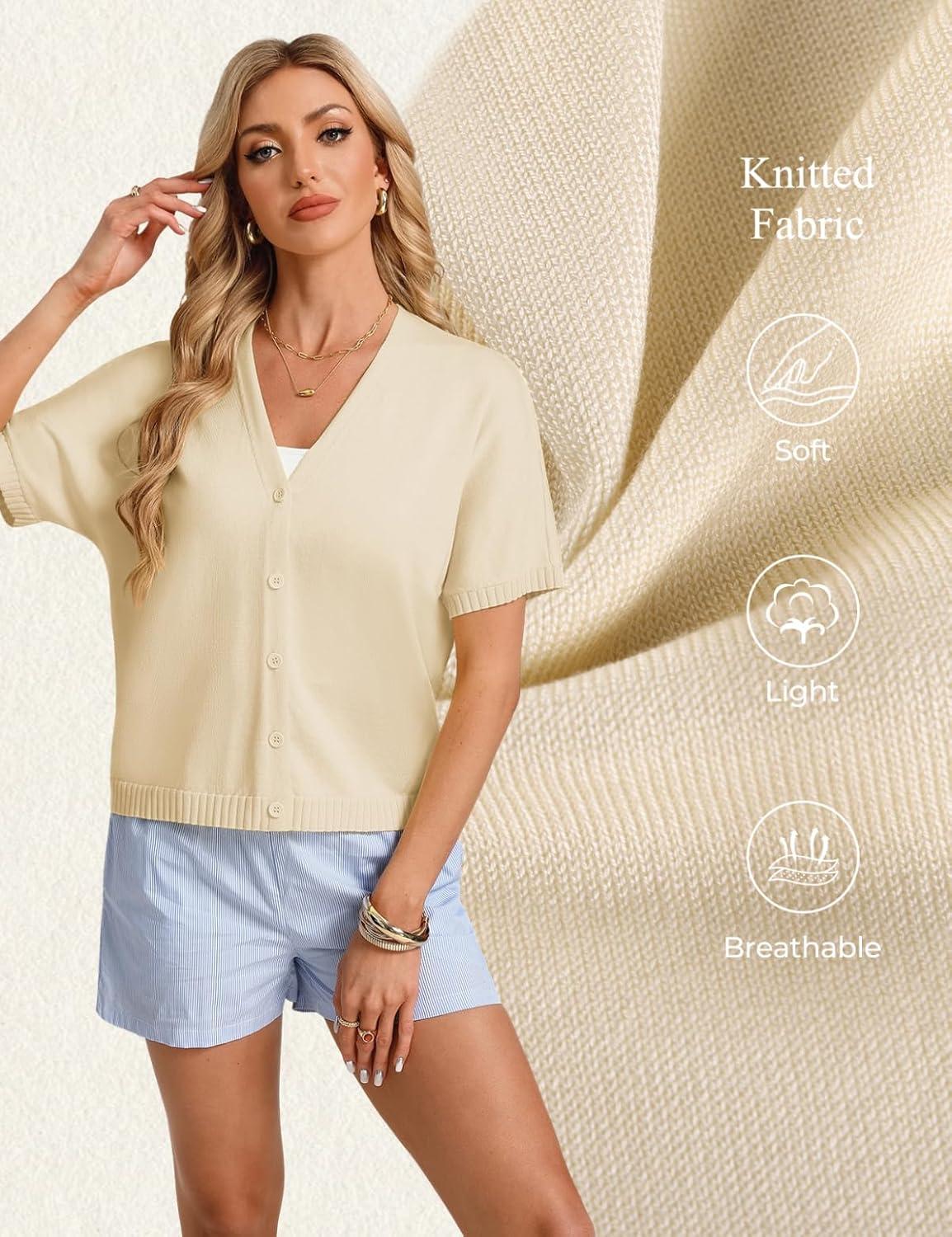 imageGRACE KARIN Womens Short Sleeve Cropped Cardigans Batwing Lightweight Button Up V Neck Casual Knit Sweater TopsApricot