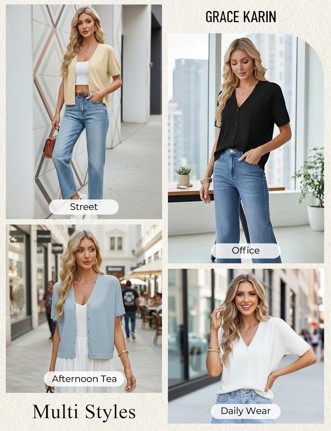 imageGRACE KARIN Womens Short Sleeve Cropped Cardigans Batwing Lightweight Button Up V Neck Casual Knit Sweater TopsApricot