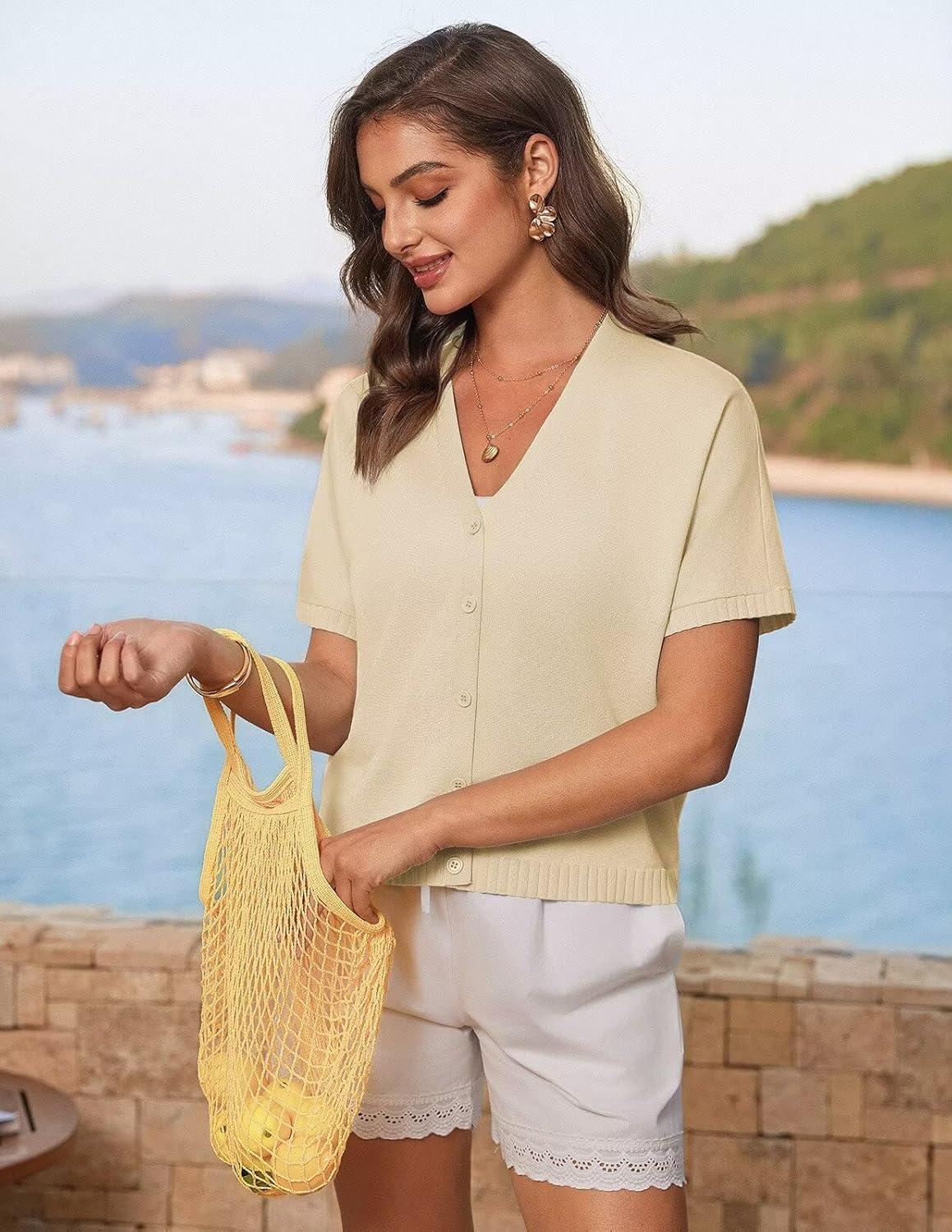 imageGRACE KARIN Womens Short Sleeve Cropped Cardigans Batwing Lightweight Button Up V Neck Casual Knit Sweater TopsApricot