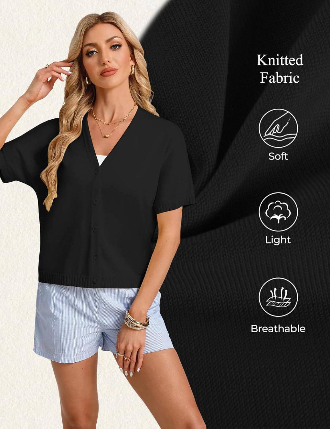 imageGRACE KARIN Womens Short Sleeve Cropped Cardigans Batwing Lightweight Button Up V Neck Casual Knit Sweater TopsBlack
