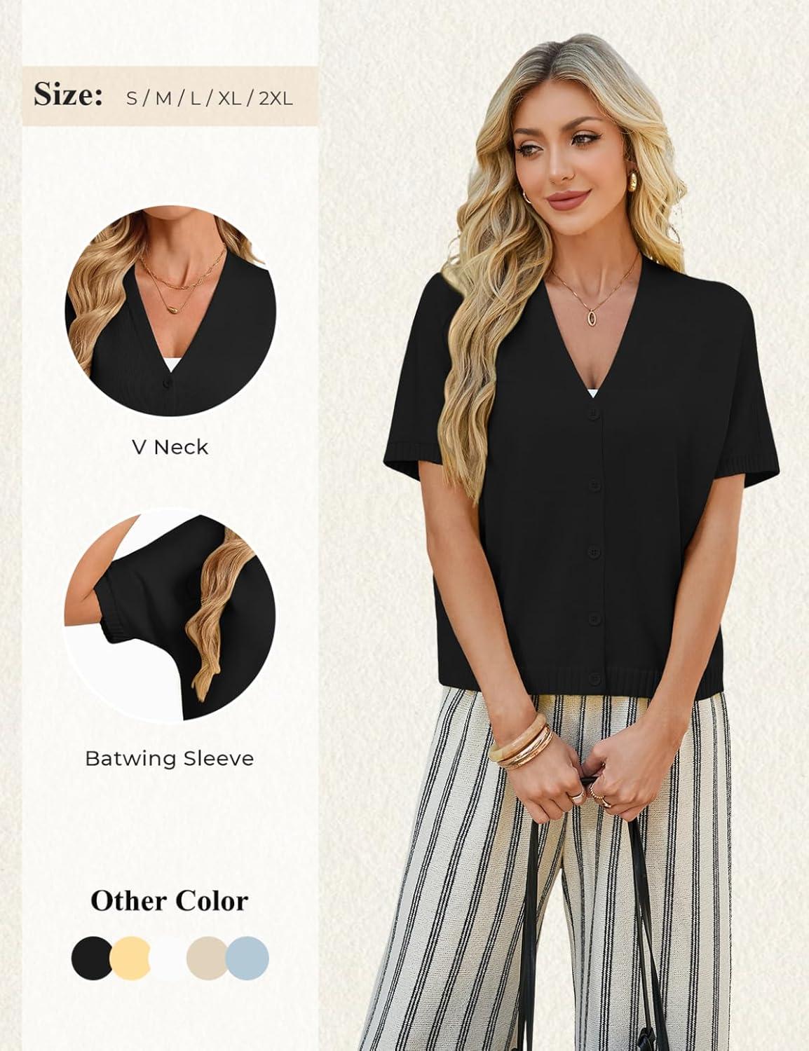 imageGRACE KARIN Womens Short Sleeve Cropped Cardigans Batwing Lightweight Button Up V Neck Casual Knit Sweater TopsBlack