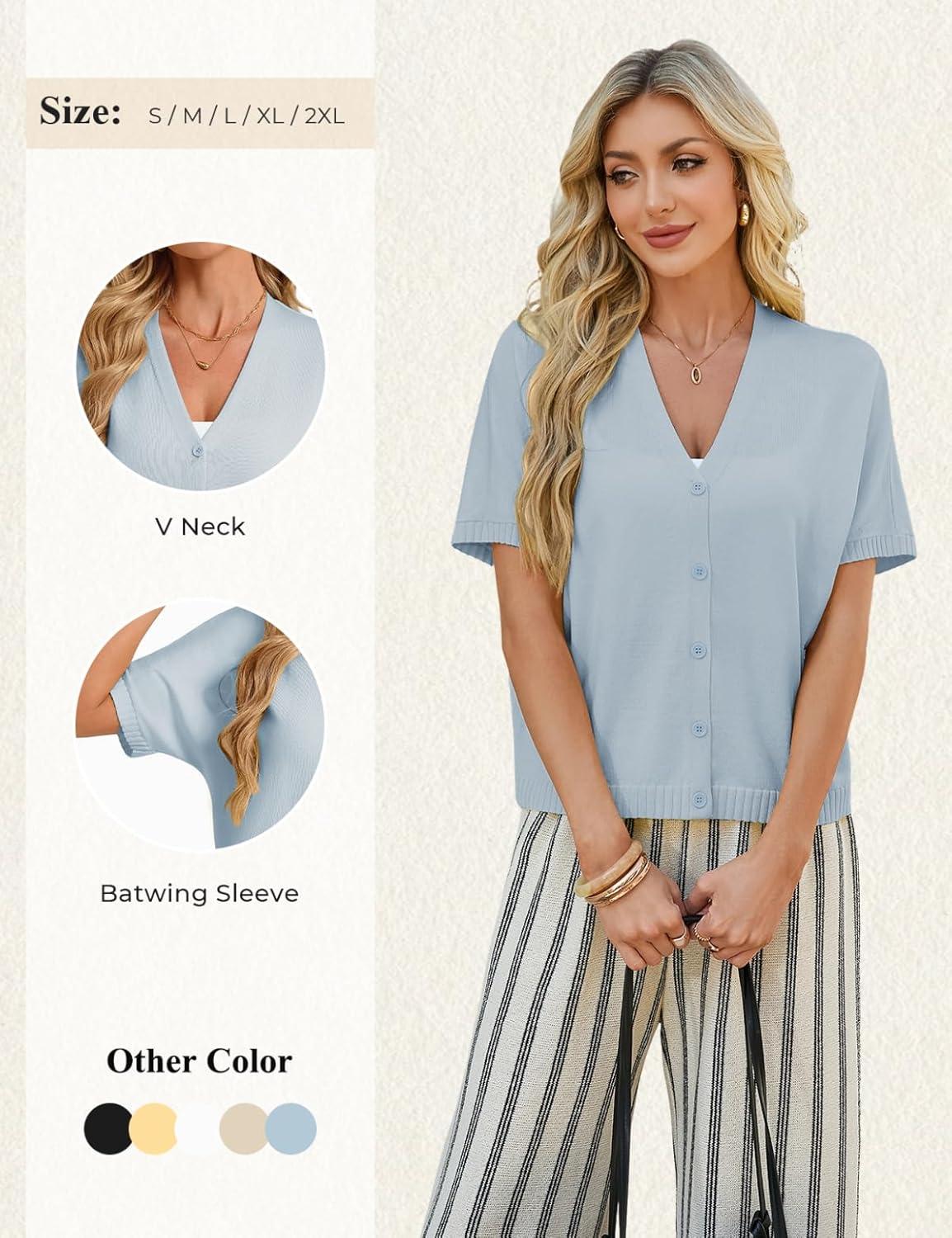 imageGRACE KARIN Womens Short Sleeve Cropped Cardigans Batwing Lightweight Button Up V Neck Casual Knit Sweater TopsBlue
