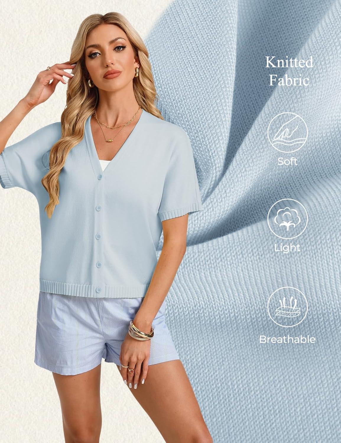 imageGRACE KARIN Womens Short Sleeve Cropped Cardigans Batwing Lightweight Button Up V Neck Casual Knit Sweater TopsBlue
