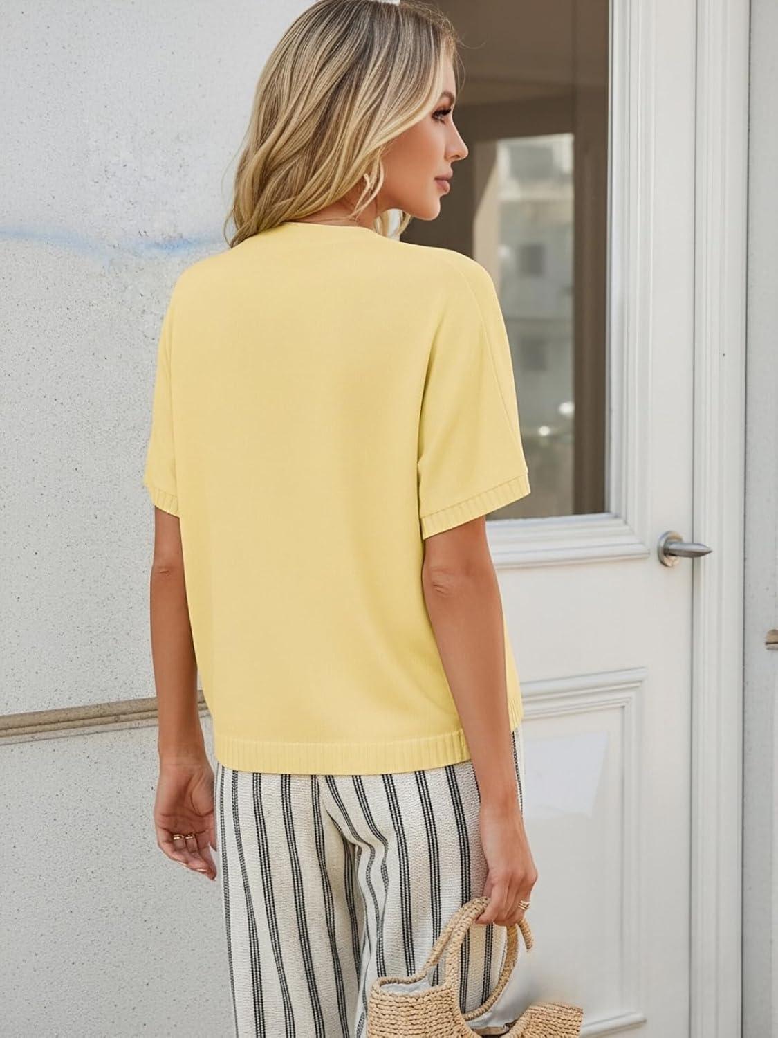 imageGRACE KARIN Womens Short Sleeve Cropped Cardigans Batwing Lightweight Button Up V Neck Casual Knit Sweater TopsLight Yellow