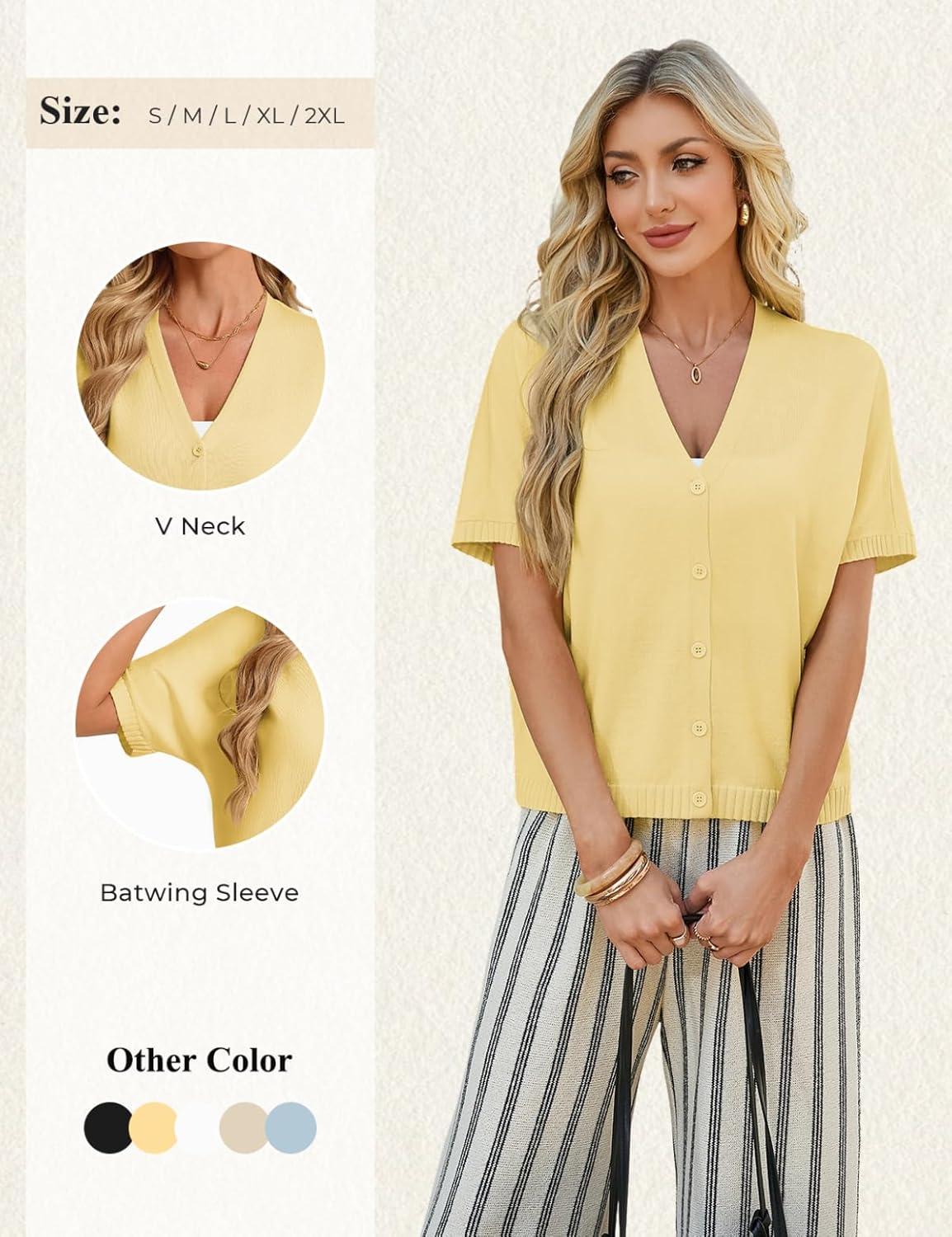 imageGRACE KARIN Womens Short Sleeve Cropped Cardigans Batwing Lightweight Button Up V Neck Casual Knit Sweater TopsLight Yellow
