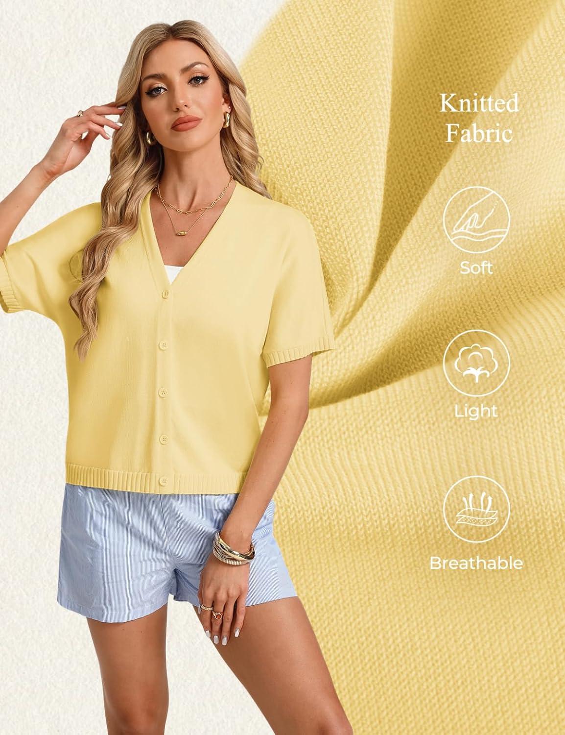 imageGRACE KARIN Womens Short Sleeve Cropped Cardigans Batwing Lightweight Button Up V Neck Casual Knit Sweater TopsLight Yellow