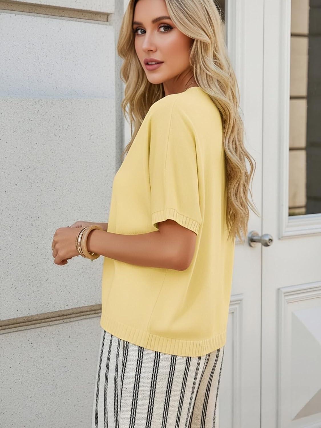imageGRACE KARIN Womens Short Sleeve Cropped Cardigans Batwing Lightweight Button Up V Neck Casual Knit Sweater TopsLight Yellow