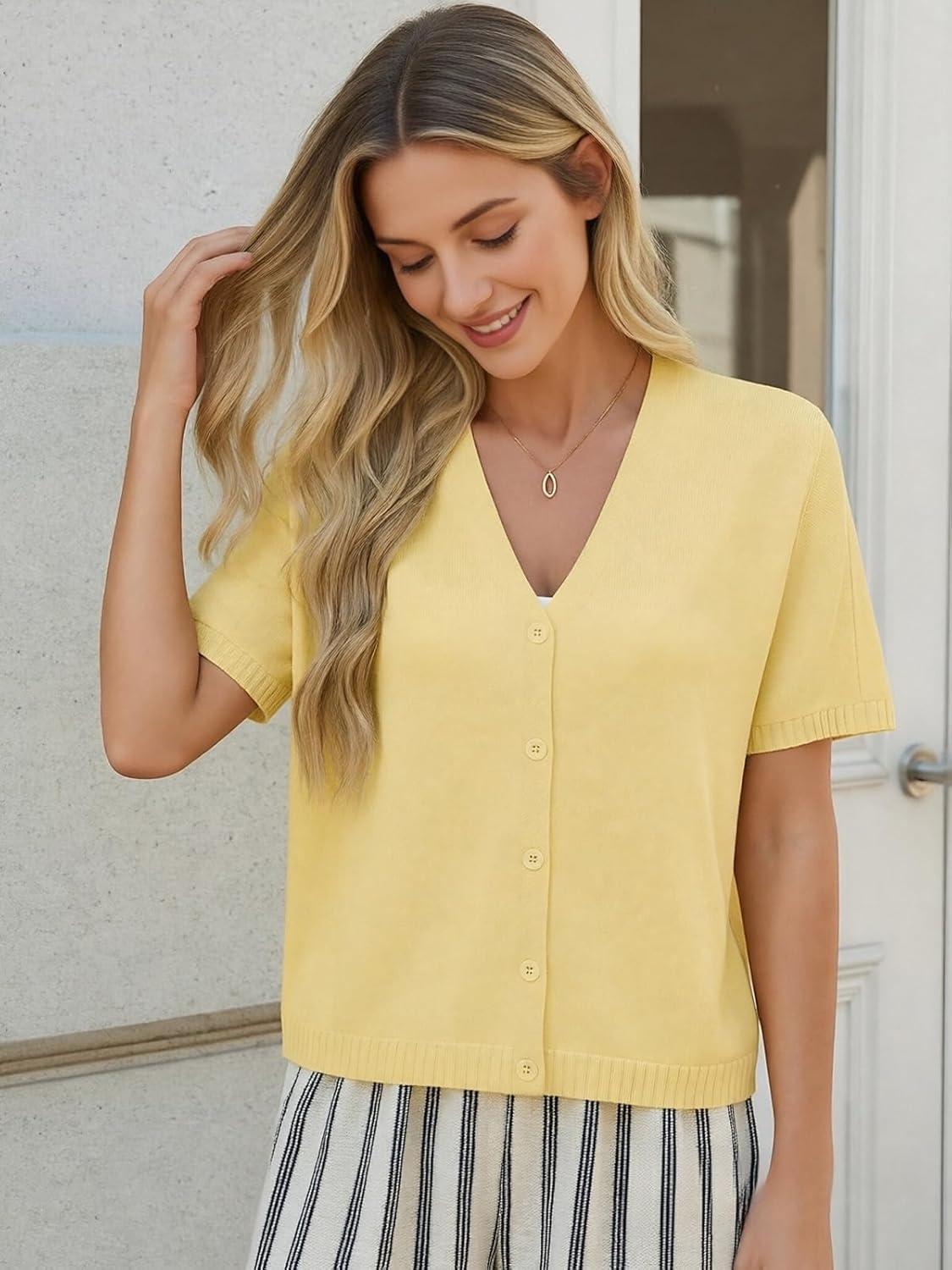 imageGRACE KARIN Womens Short Sleeve Cropped Cardigans Batwing Lightweight Button Up V Neck Casual Knit Sweater TopsLight Yellow
