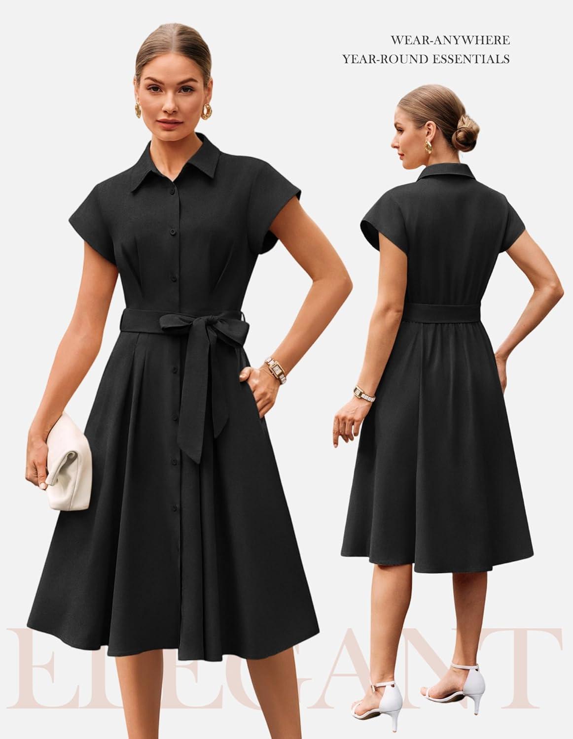 imageGRACE KARIN Womens Short Sleeve Shirt Dresses 2026 Summer Midi Button Down Dress Work Business Casual Dress with PocketsBlack