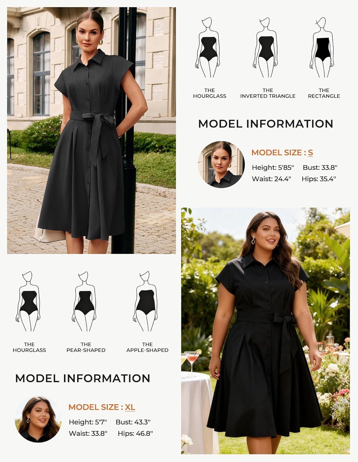 imageGRACE KARIN Womens Short Sleeve Shirt Dresses 2026 Summer Midi Button Down Dress Work Business Casual Dress with PocketsBlack