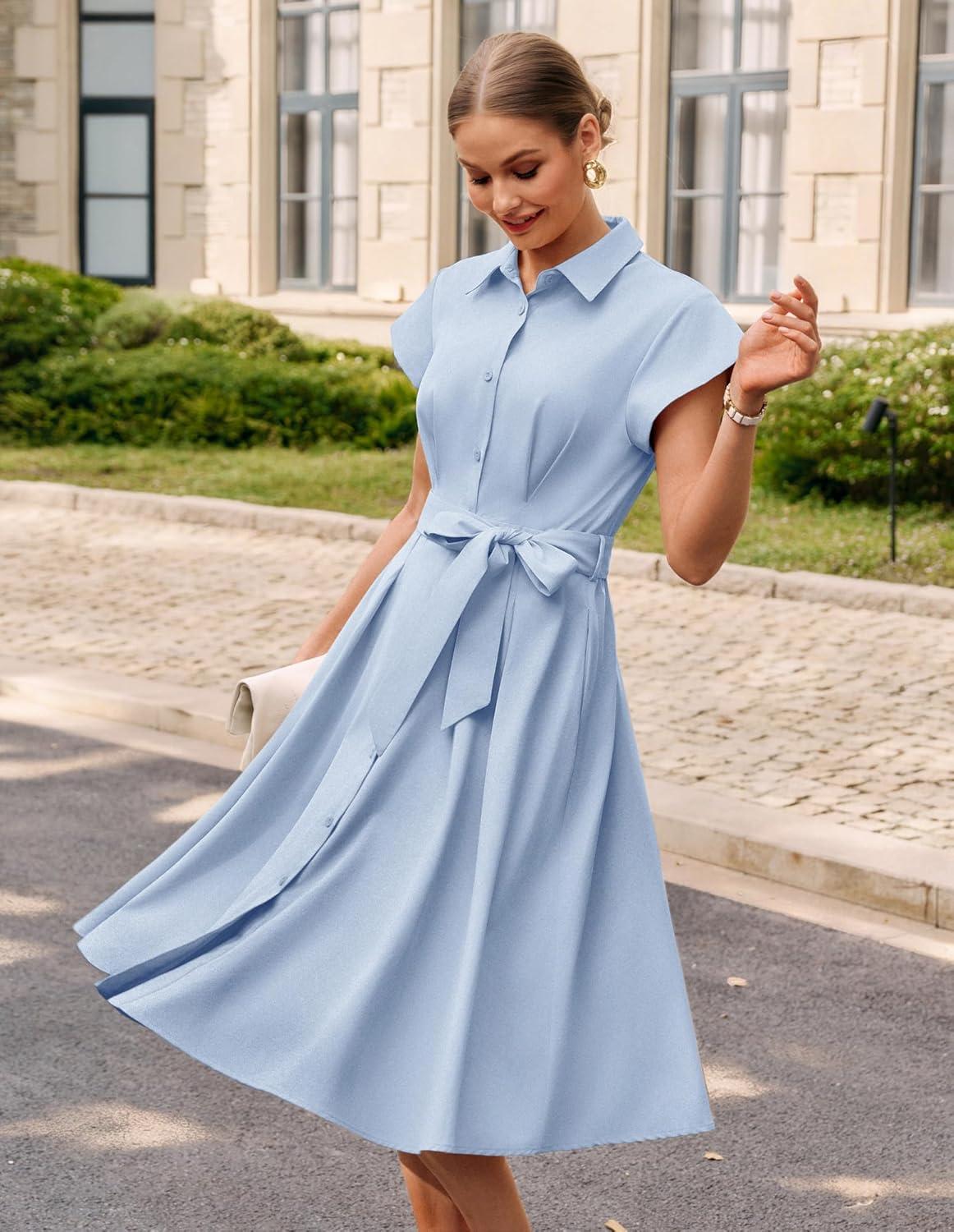 imageGRACE KARIN Womens Short Sleeve Shirt Dresses 2026 Summer Midi Button Down Dress Work Business Casual Dress with PocketsBlue