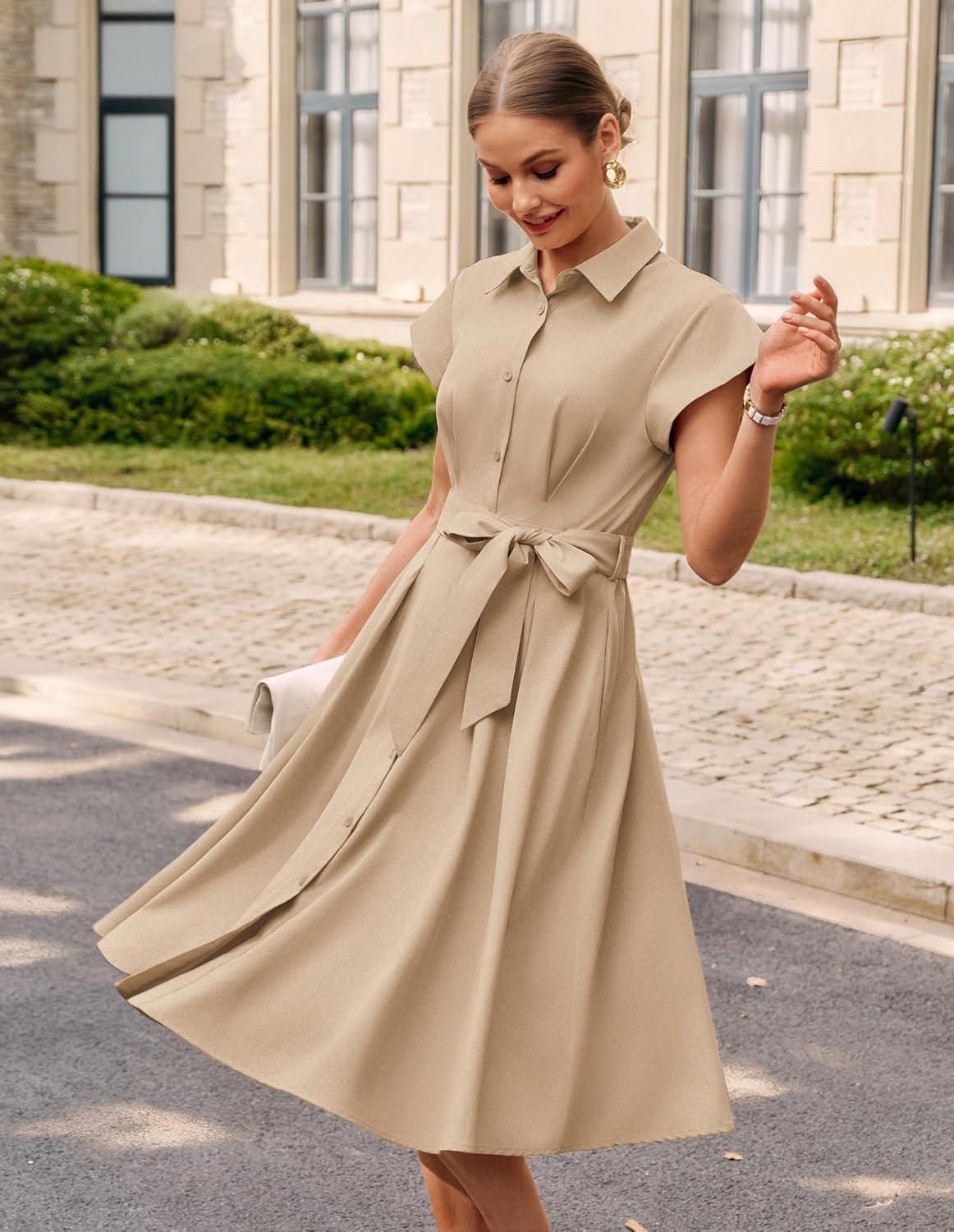 imageGRACE KARIN Womens Short Sleeve Shirt Dresses 2026 Summer Midi Button Down Dress Work Business Casual Dress with PocketsLight Khaki